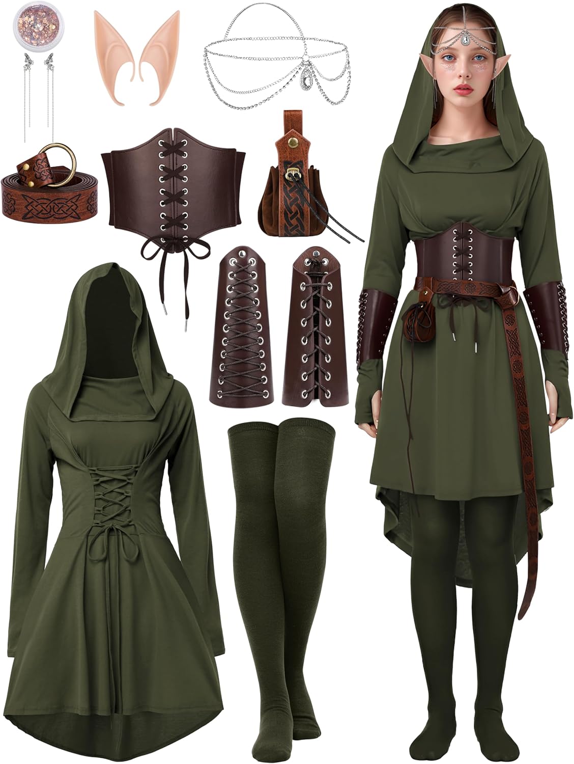 SOMSOC Women Renaissance Halloween Fairy Costumes Medieval Hooded Robe Lace Up Dress Accessories Set Cosplay XX-Large Dark Green