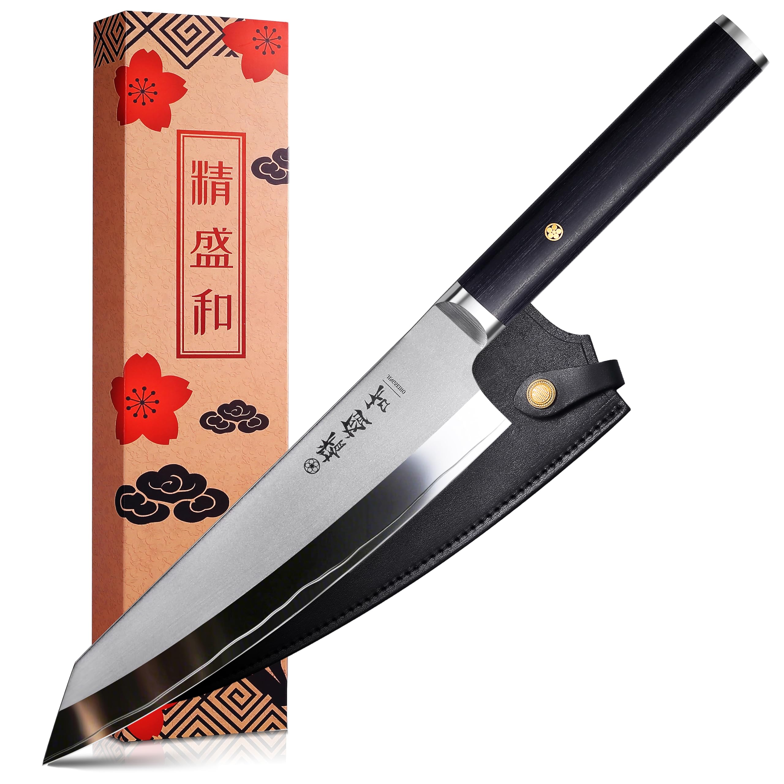 Cuchillo de chef de 18 cm, cuchillo japonés con núcleo de acero AUS-10, cuchillo de cocina muy afilado con estuche de cuero genuino, cuchillo de chef profesional para cocineros aficionados y profesion