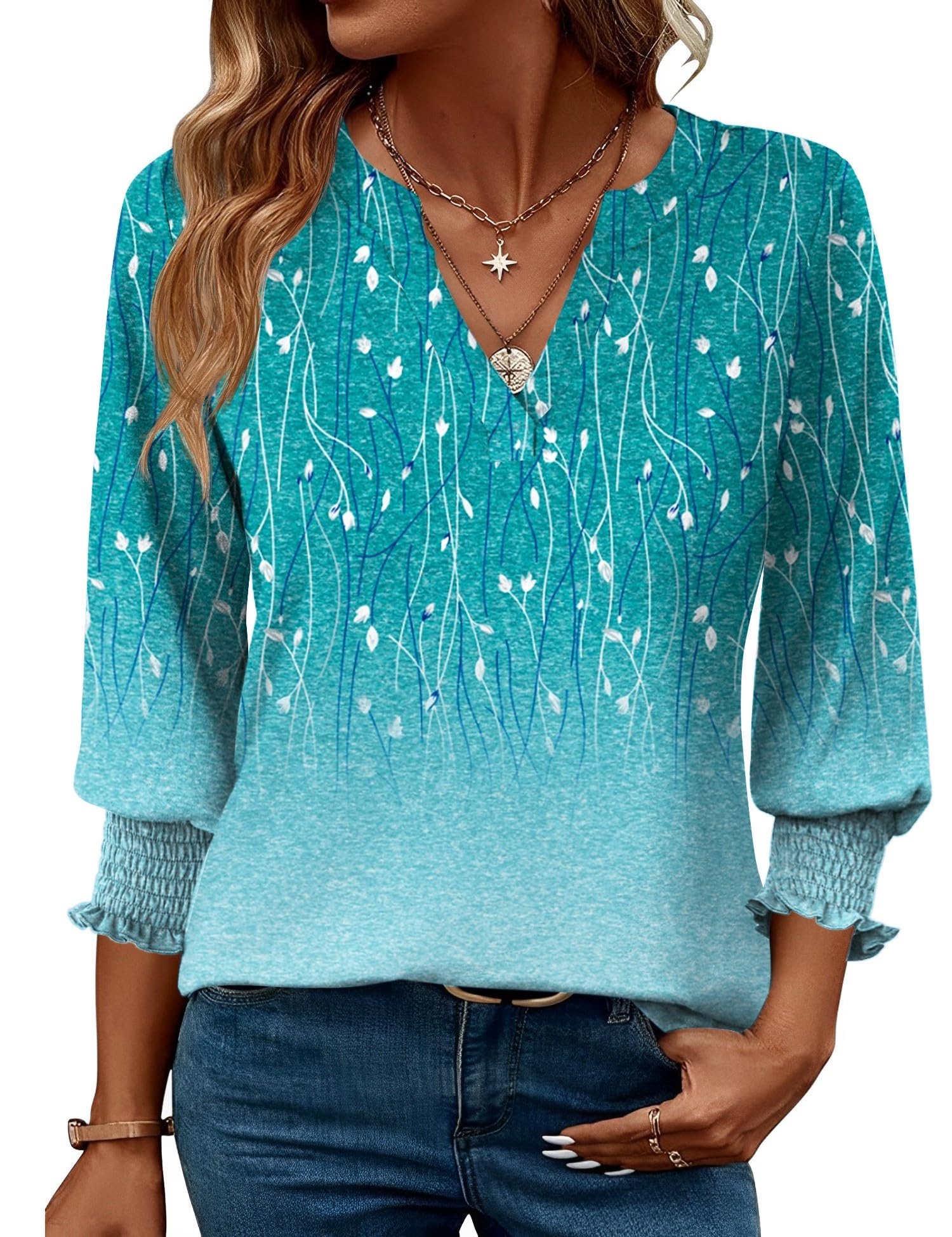 Rapbin Damen Bluse 3/4 arm Langerm V-Ausschnitt Tunika Sommer Tops Locker Shirt Elegant Lässig Oberteil Blusen 2026