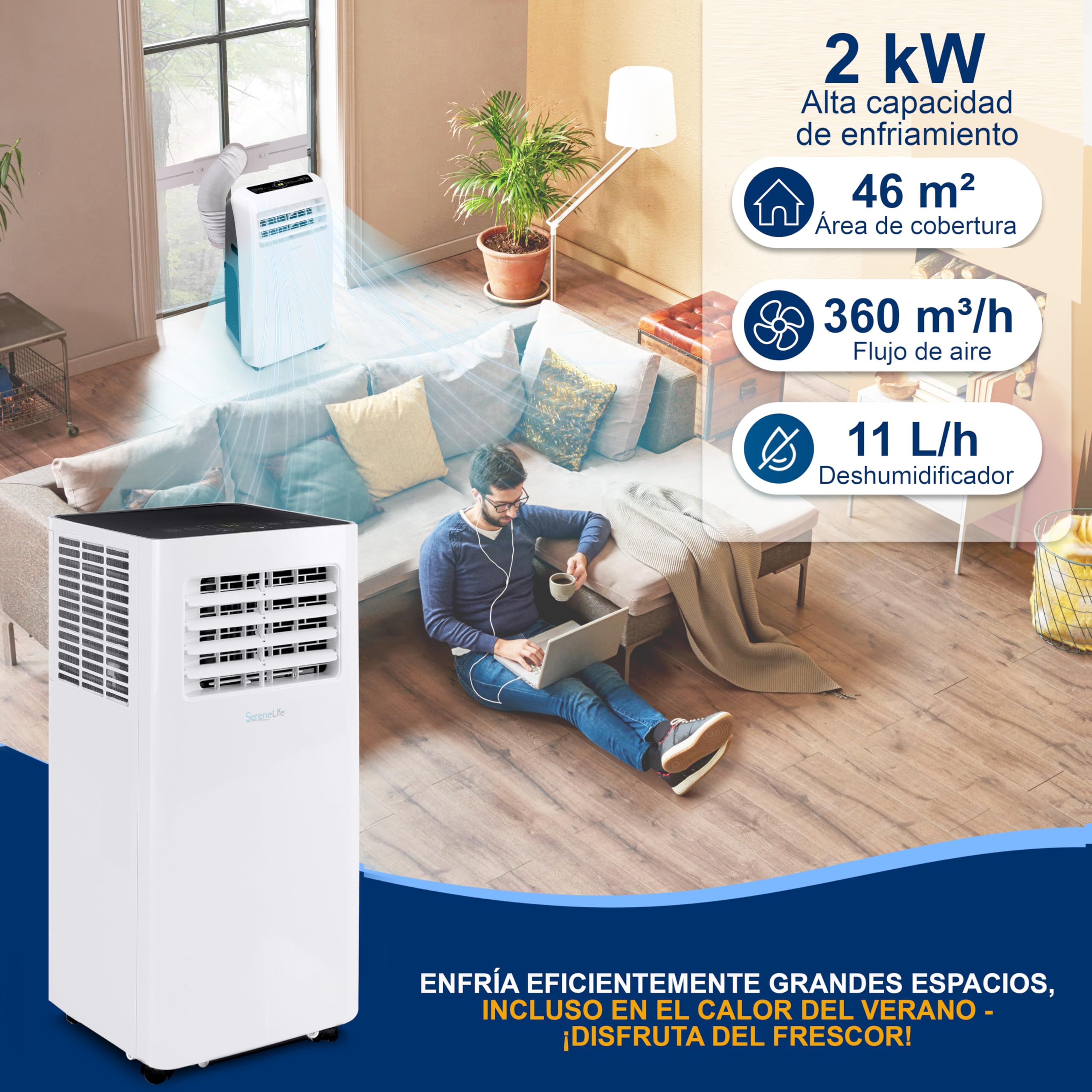 SereneLife Aire Acondicionado Portátil, 9.000 BTU, Móvil, WiFi, Silencioso, Deshumidificador, Ventilador, Control Remoto, Blanco, Portátil Para Oficina y Casa