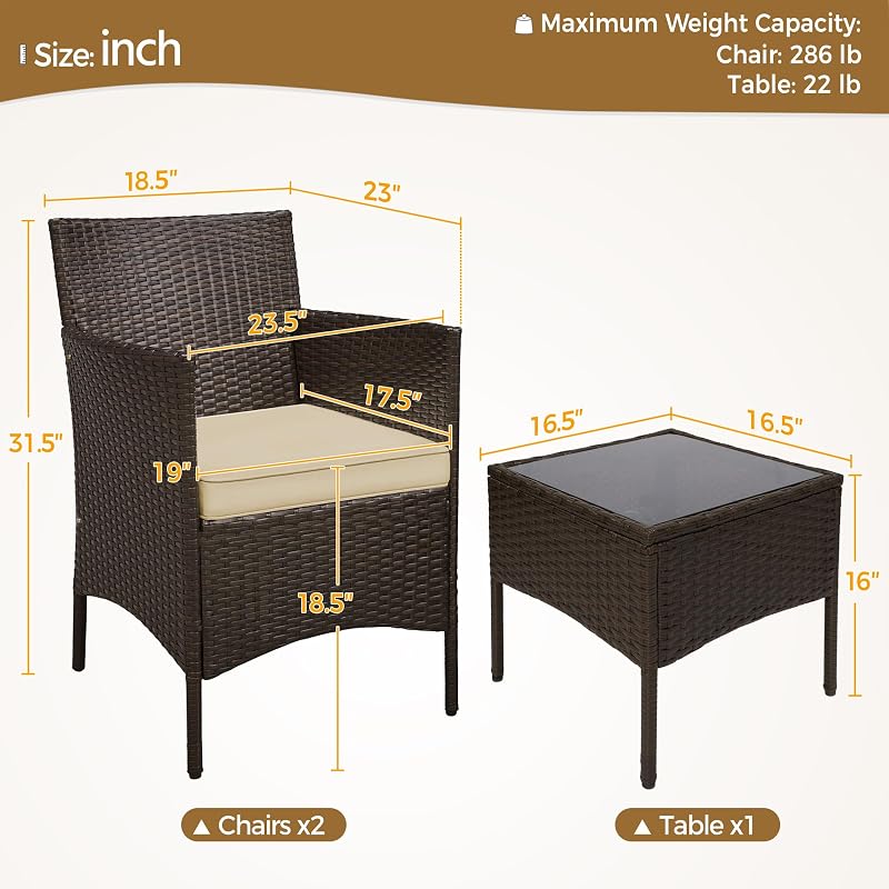 Yaheetech 3 Pieces Patio Porch Furniture Set, Outdoor PE Rattan Wicker Conversation Set with Soft Cushions, Glass Coffee Table & 2 Chairs for Garden/Deck/Courtyard/Poolside, Brown/Khaki image 3