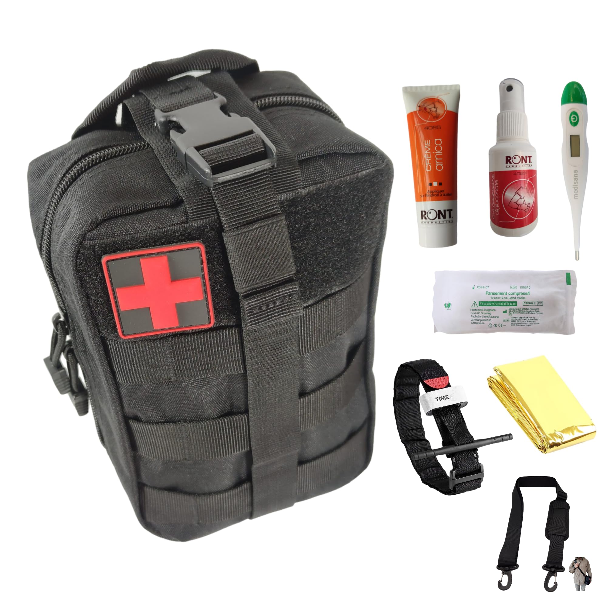 Trousse de secours complète militaire Assemblée en FRANCE inclus bandoulière réglable thermomètre tube arnica chlorhexidine tire tiques... Conçu pour toutes activitées