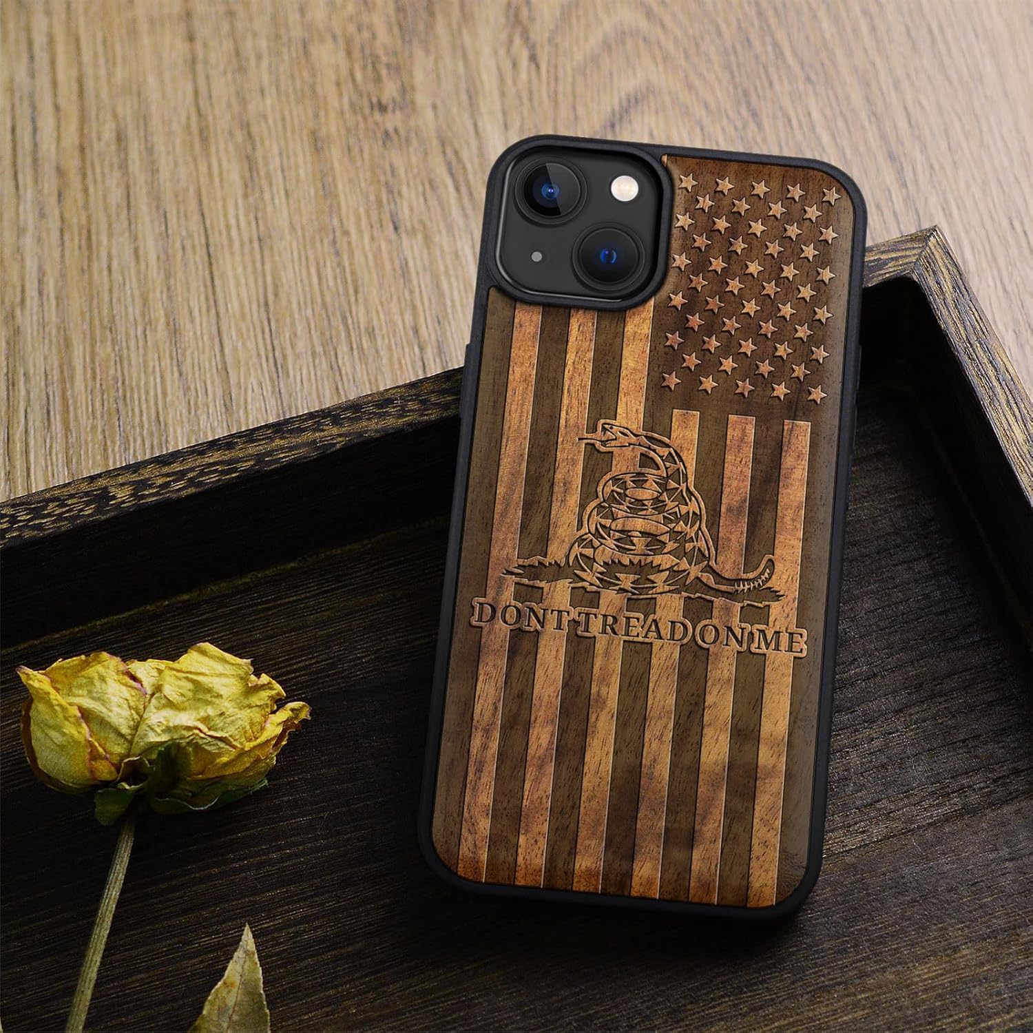 Carveit Magnetic Wooden Case for iPhone 15 Plus Case, Compatible with MagSafe Wireless Chargers, Black Soft TPU Shockproof Cover & Wood Artisan Engraved - (Gadsden Flag) - Walnut