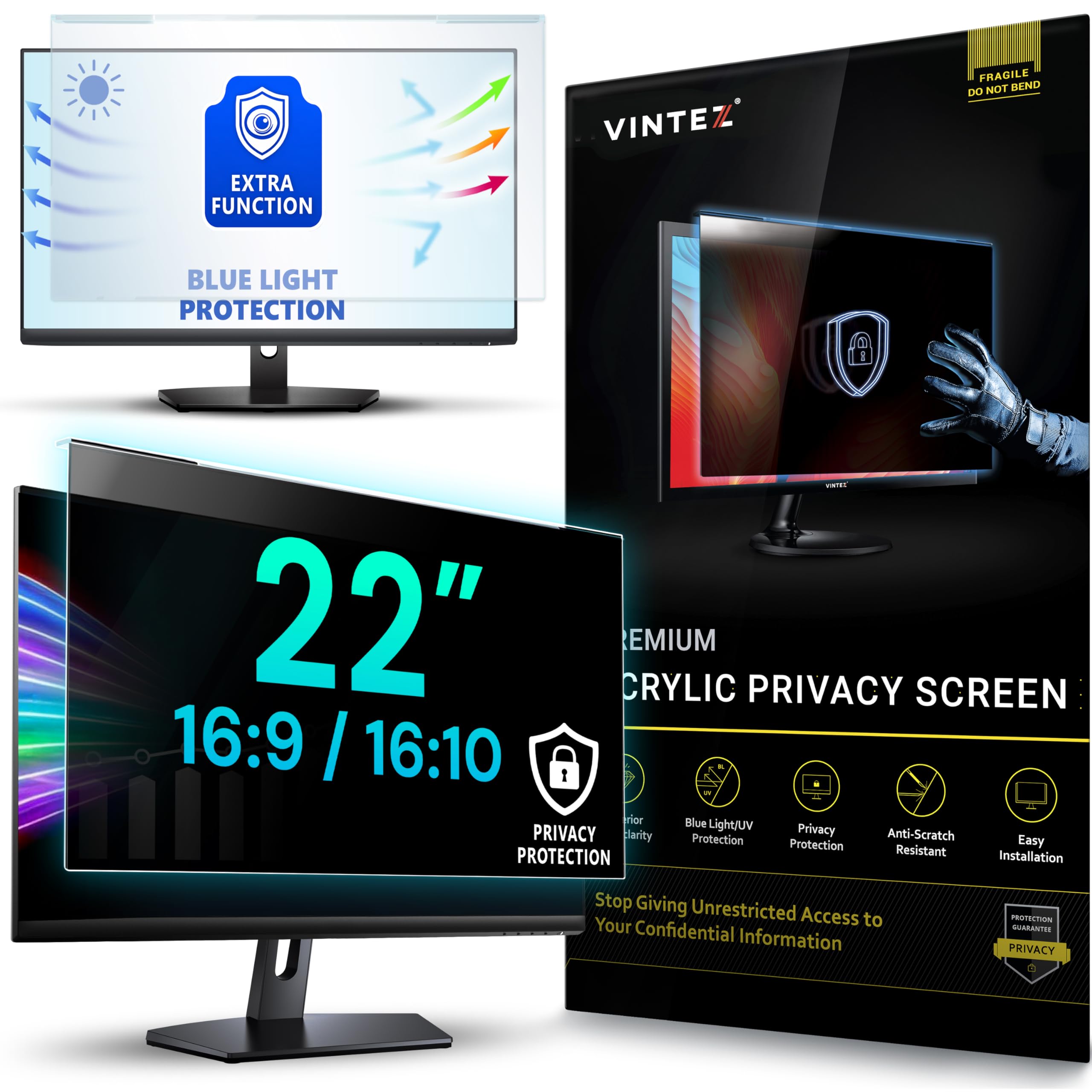 VINTEZ Acrylic 22 Inch Computer Privacy Screen Filter for Widescreen Computer Monitors - 19.3" x 12.5" (490 x 317mm) - Monitor Frame Hanging Type