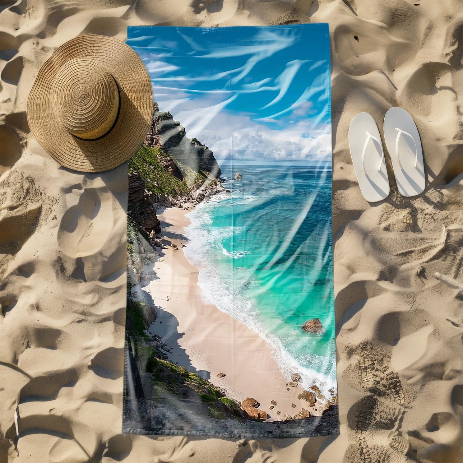 Telo Mare Microfibra 210x230 Oceano Pietra Blu Telo Spiaggia Grande Antisabbia,XXL Asciugamano Mare, Asciugatura Rapida, Stuoia Spiaggia Leggero E Portatile