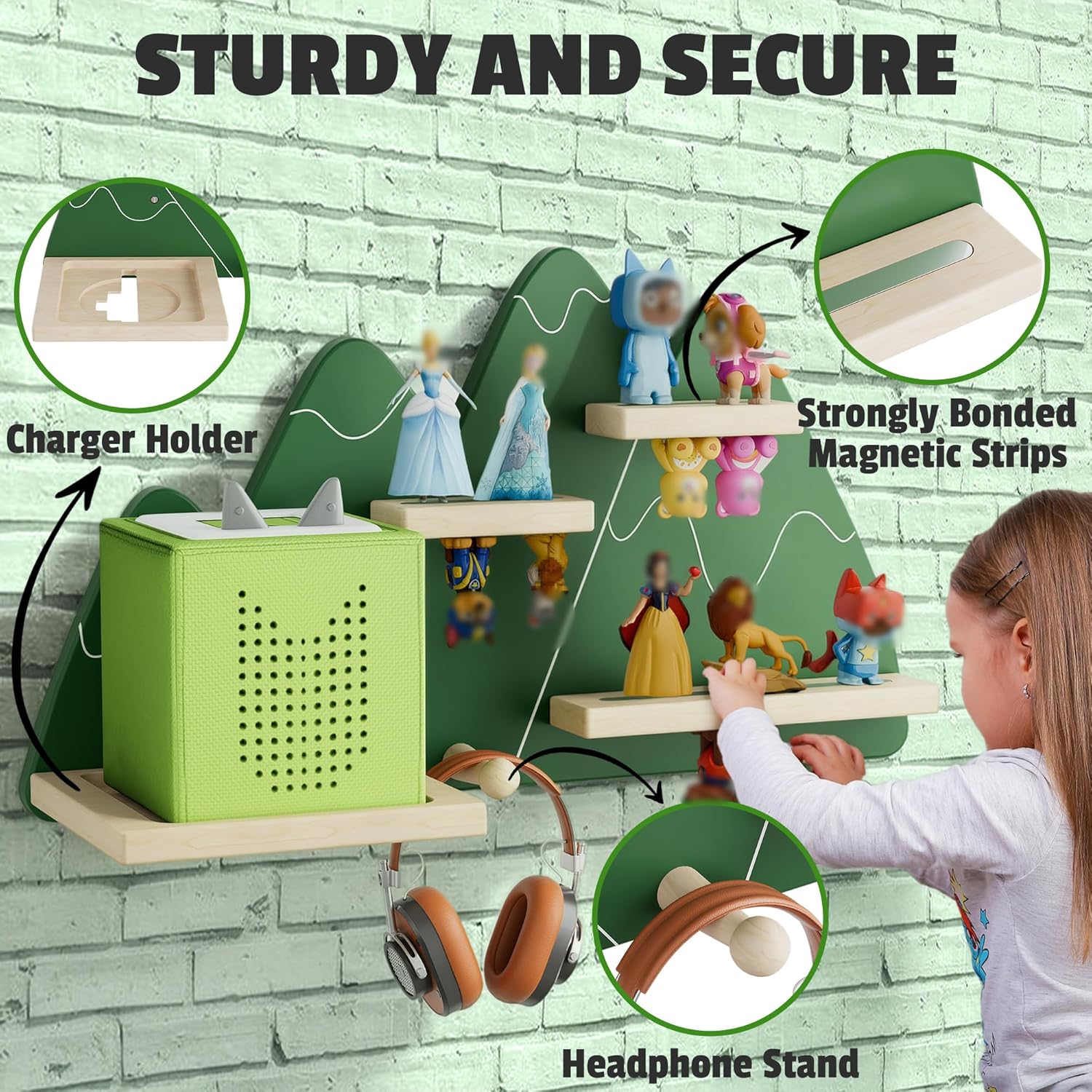 Tonie Wall Shelf (Mountain) for Toniebox, Tonies Figures Storage, Magnetic Wooden Floating Shelves Compatible with Tonie Box Player Character, Display Shelf for Children Kid's Room (Green)