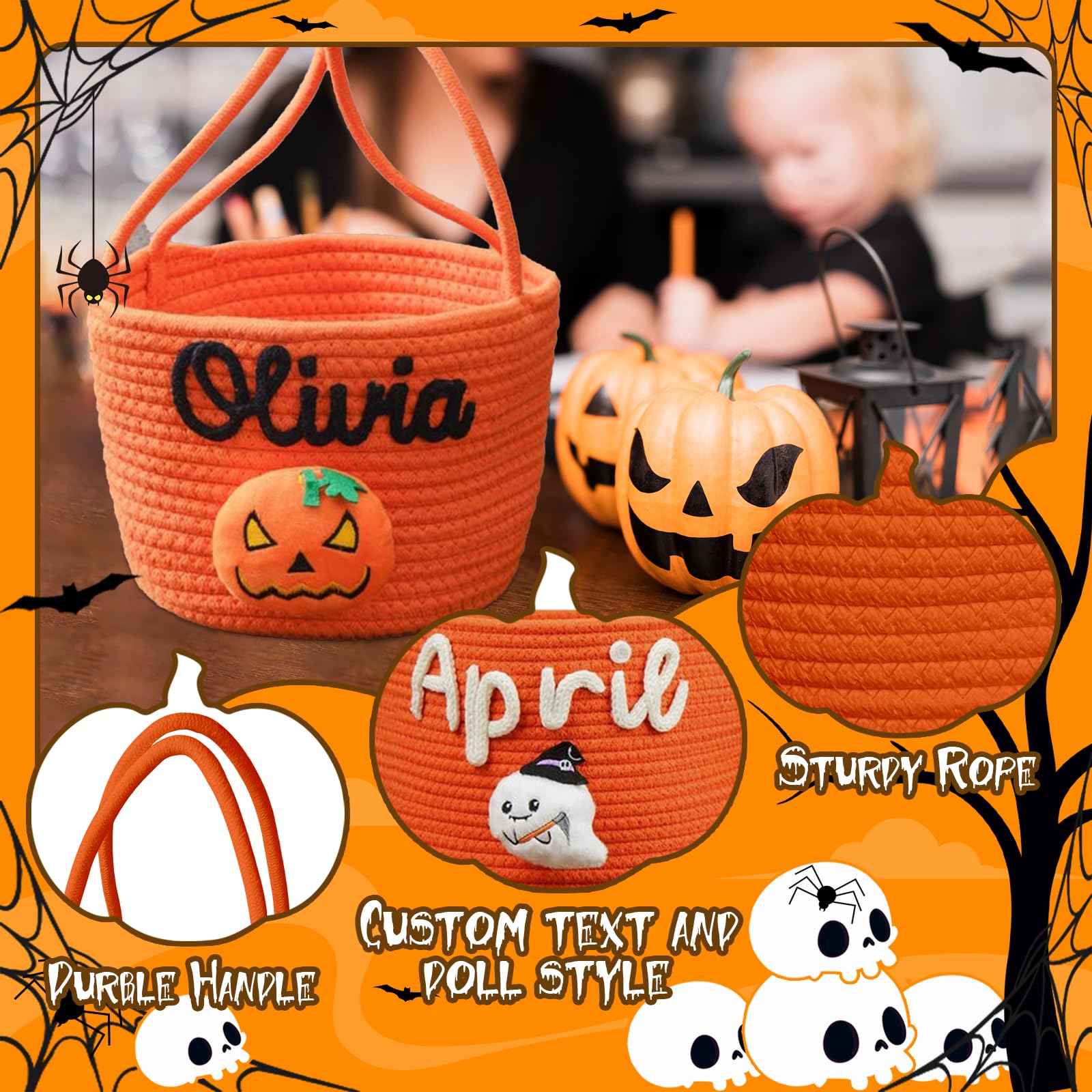 HUTARIO Custom Halloween Basket for Kids, Pumpkin Basket with Handle, Trick or Treat Bucket, Orange Halloween Decorations, Pumpkin Candy Bucket Halloween Party Favors