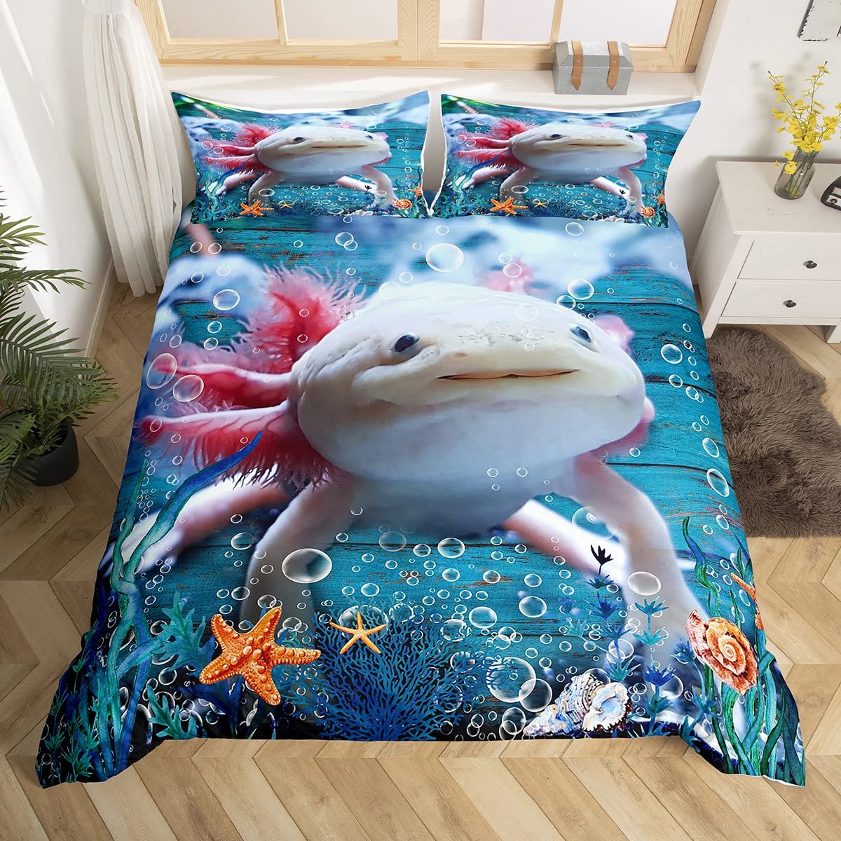 Cute Axolotl Bedding Set Single Size,Seaweed Coral Conch Duvet Cover for Kids Boys Bed Comforter Set,Sea Creatures Theme Quilt Decorative 2 Pieces, (53''x79'')
