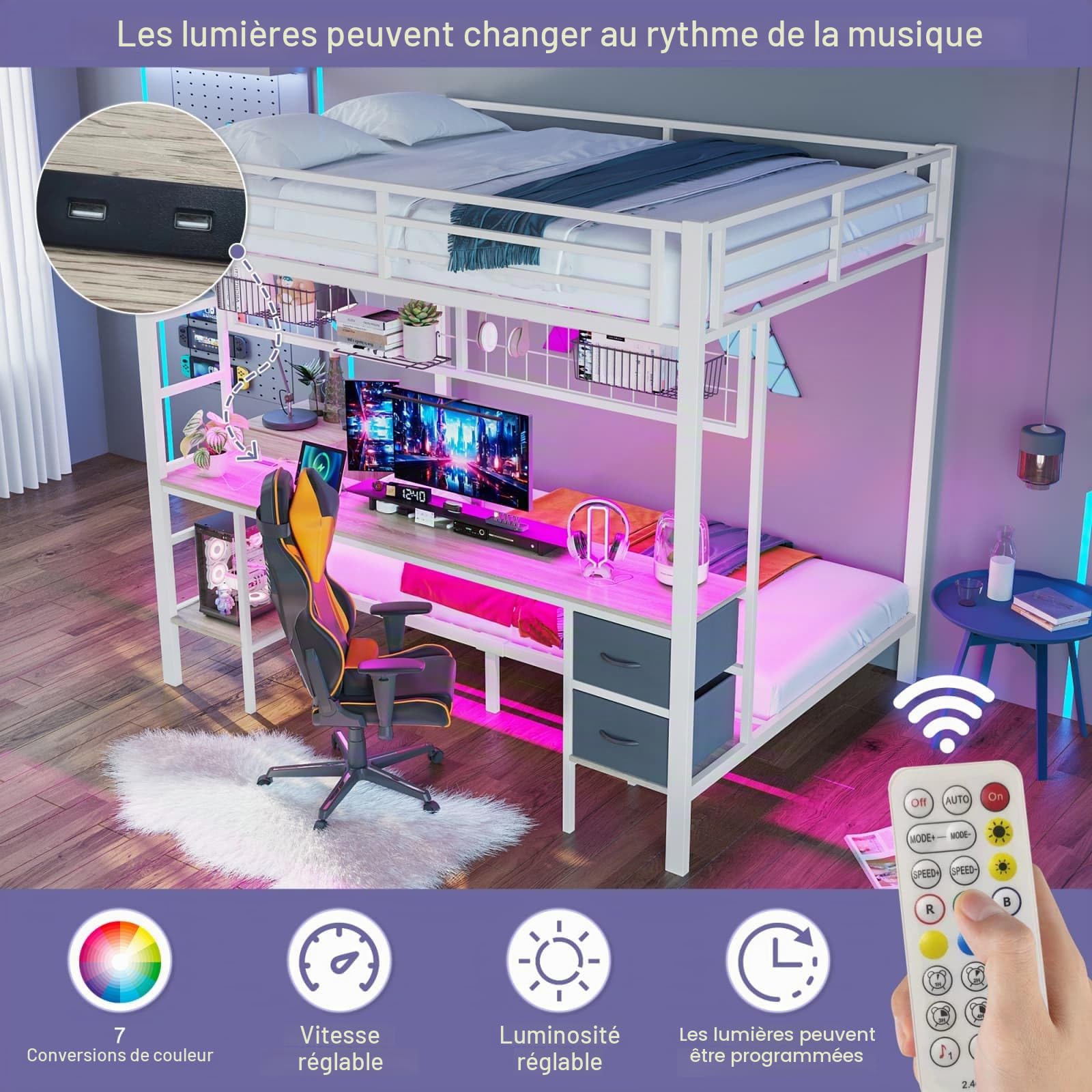 KOMHTOM Lit Superposé en Fer, Cadre de Lit Multifonctionnel, 90x200cm et 140x200cm, avec étagère de Rangement, 2 tiroirs, Bande LED et Port USB(sans Matelas) (Blanc)
