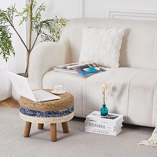 Miniatura 3 de Wimarsbon Puf otomano, reposapiés redondo con 4 patas de madera, reposapiés de paja natural hecho a mano, silla de tocador, taburete moderno