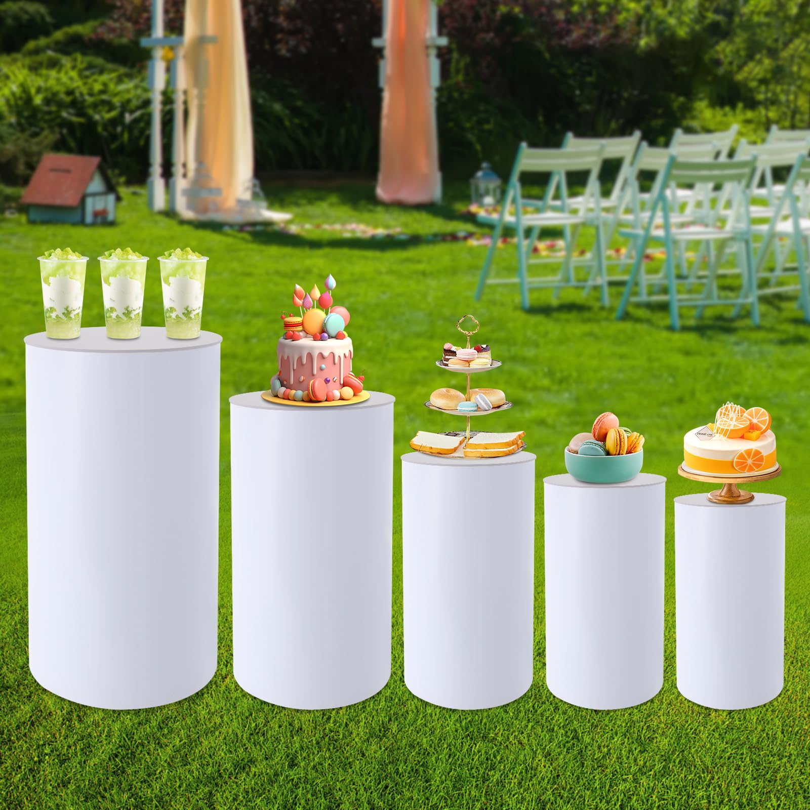 Lot de 3 socles cylindriques blancs pour fête, gâteau, fleurs, décoration de mariage, enterrement de vie de jeune fille, anniversaire (5 pièces, modèle 01)