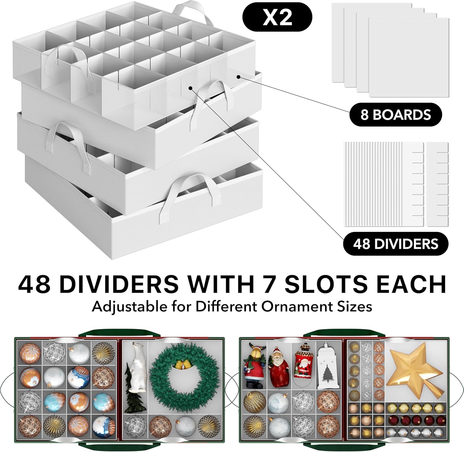 Simple Houseware Heavy-Duty Large Christmas Ornament Storage Box with Adjustable Dividers, Stores up to 128 Ornaments, Zipper Lid, Red - Image 4