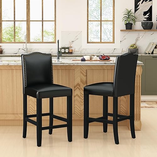 Miniatura 2 de LSSPAID Juego de 2 taburetes de bar tapizados de poliuretano de 24.8 pulgadas, sillas de isla de cocina con respaldo de clavos de bronce y patas de
