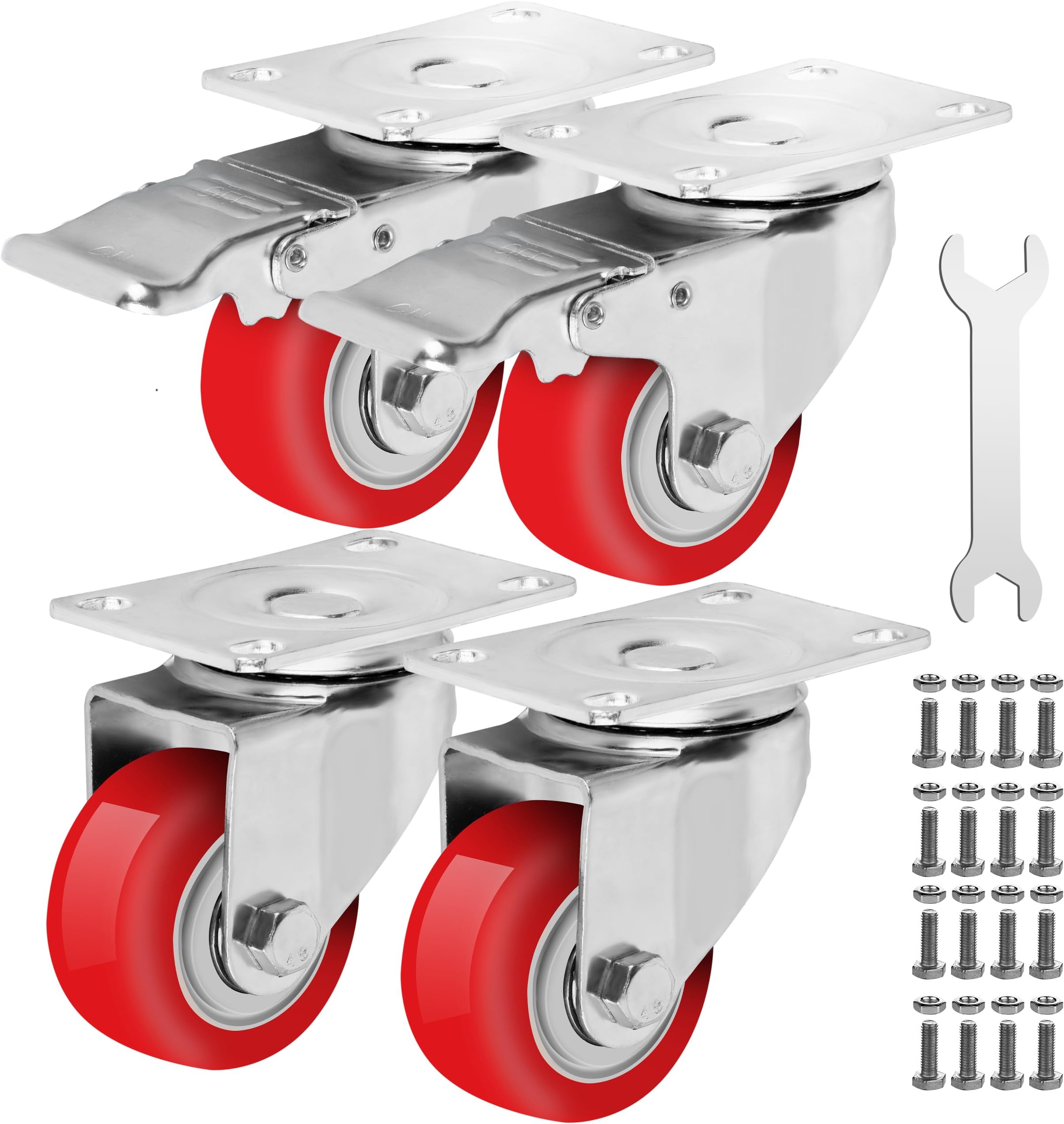 3 Inch Heavy Duty Casters Set of 4, Lockable Plate Caster Wheels with Brakes Scratch Resistant & 360 Degree Rotatable, 1800 lbs Load Capacity - Ideal for Any Floor (2 x Swivel & 2 x Brakes)