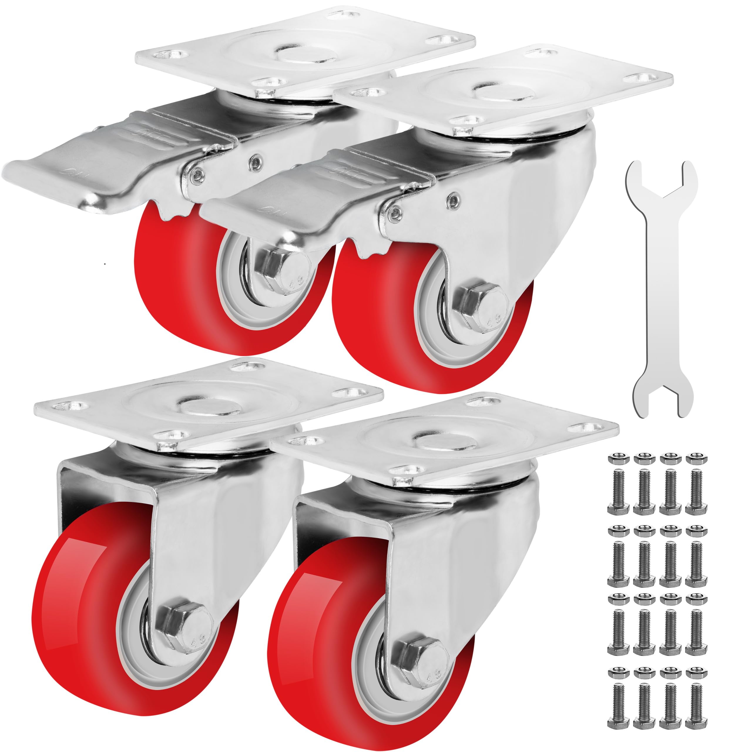 3 Inch Heavy Duty Casters Set of 4, Lockable Plate Caster Wheels with Brakes Scratch Resistant & 360 Degree Rotatable, 1800 lbs Load Capacity - Ideal for Any Floor (2 x Swivel & 2 x Brakes)