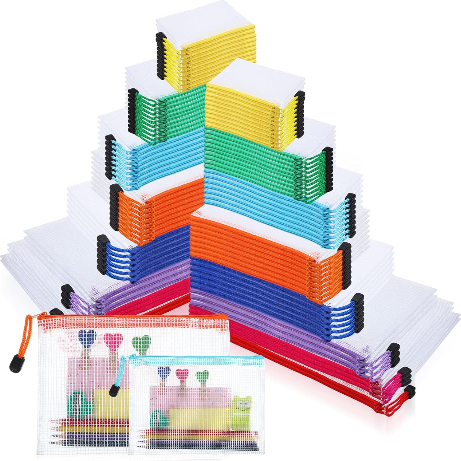 Kisston 150 Pcs Mesh Zipper Pouch Bags Bulk, 8 Sizes Plastic Zipper Bags, 8 Colors Waterproof File Pouches for Organization, Multipurpose Travel Pouches for Travel, Office, Board Game