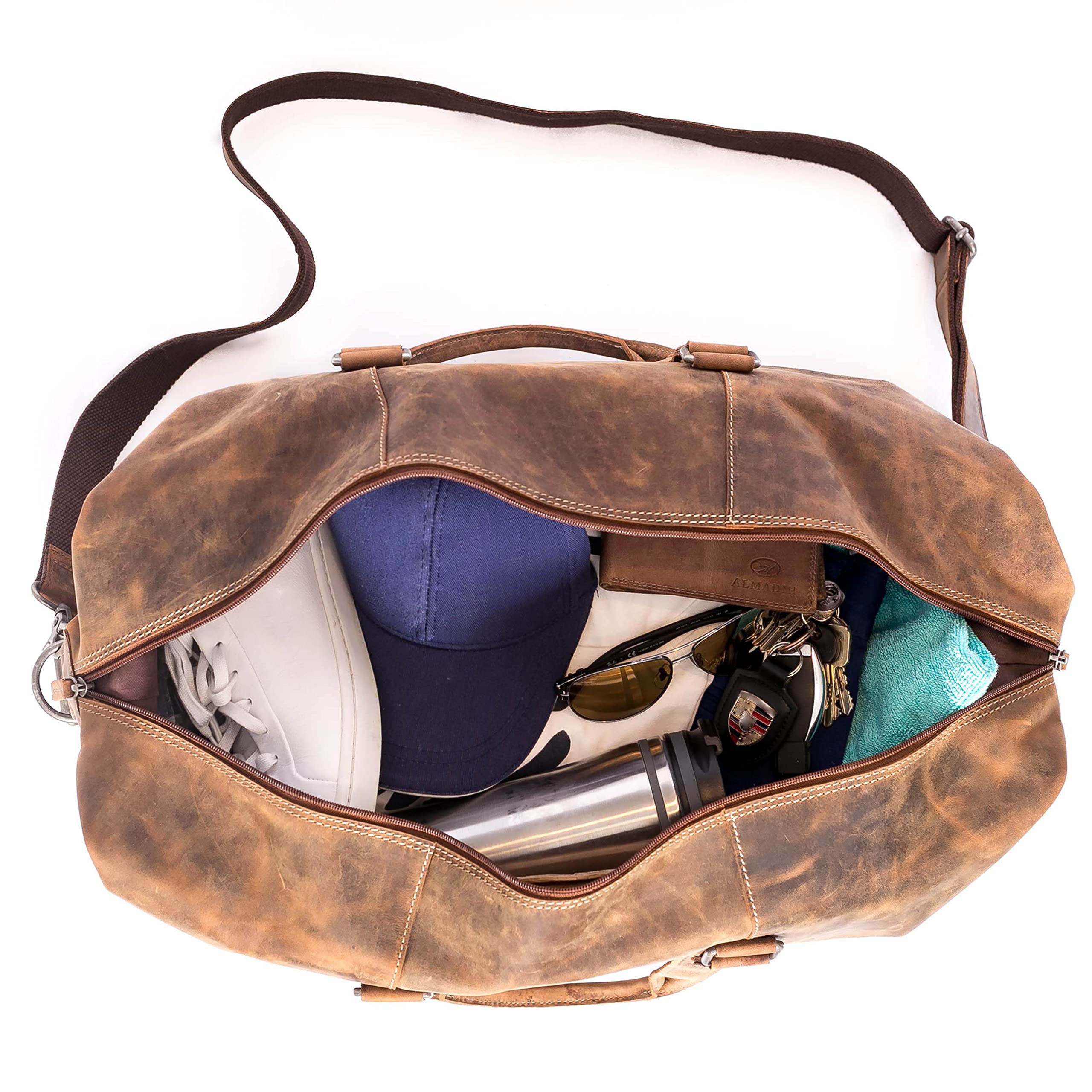 ALMADIH Echt Leder Reisetasche Herren 17 Zoll mit Laptopfach - Sporttasche Aiko braun Vintage - Weekender Handgepäck Gym Fitnesstasche Trainingstasche Damen Leder Umhängetasche (Aiko BV)
