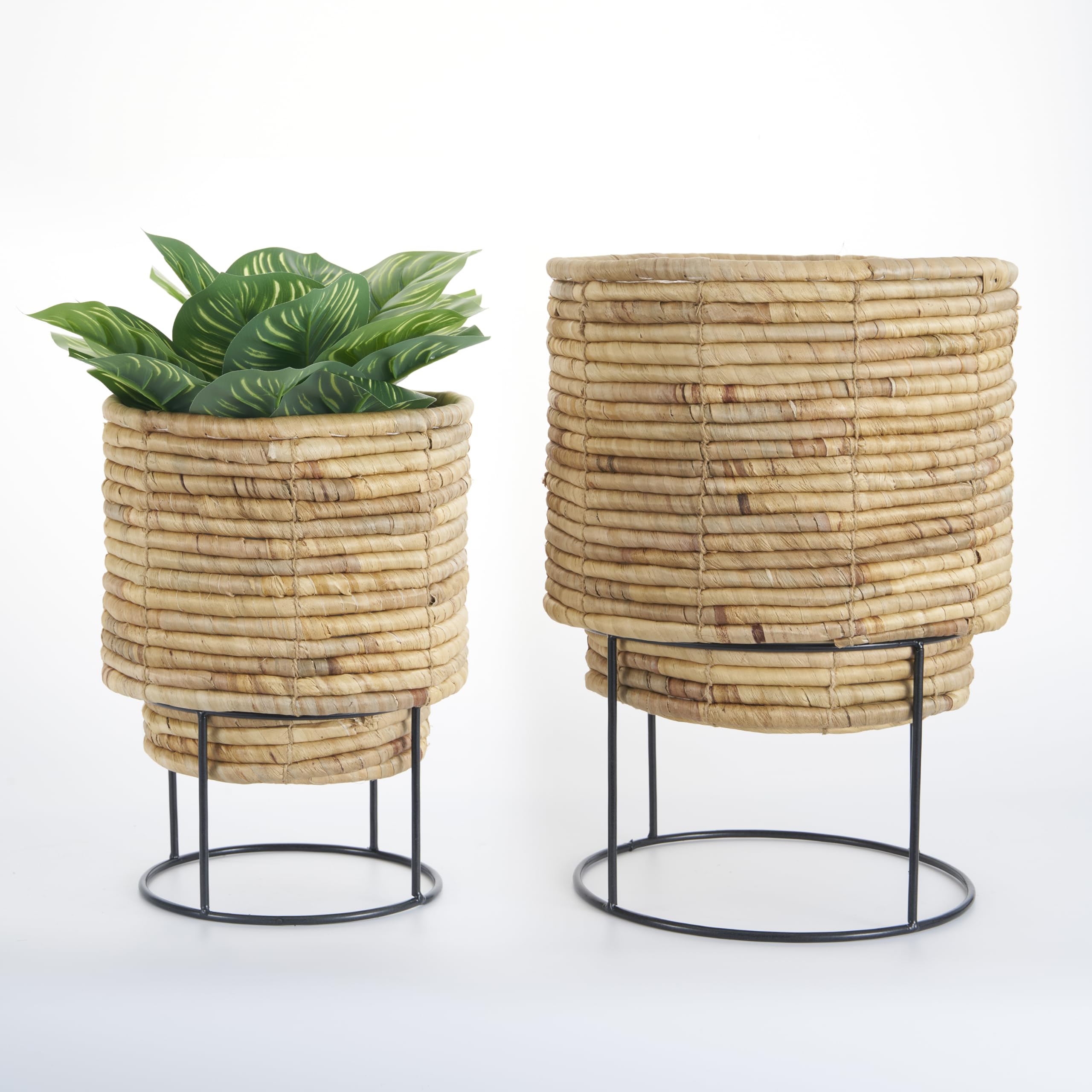 Set of 2 Water Hyacinth Planter Pot with Metal Stand Indoor for Plant, Flower Pots, Succulent Pot, Basket Planter, Decorative Pot Cover (Braided)