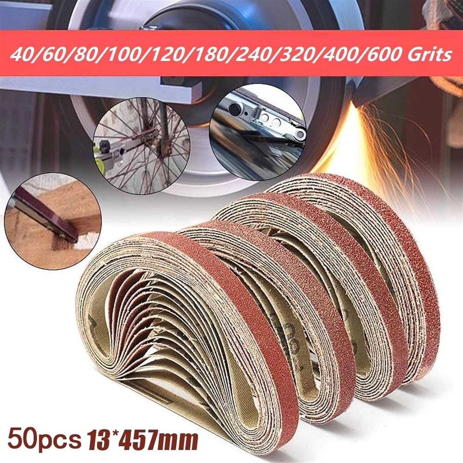 Taśma szlifierska, zestaw taśm szlifierskich, 50 szt. Taśma szlifierska do przenośnych szlifierek Szlifierki 457x13 mm Papiery ścierne Drewno Metal Papier ścierny Materiał ścierny 40-600 Ziarno do szl