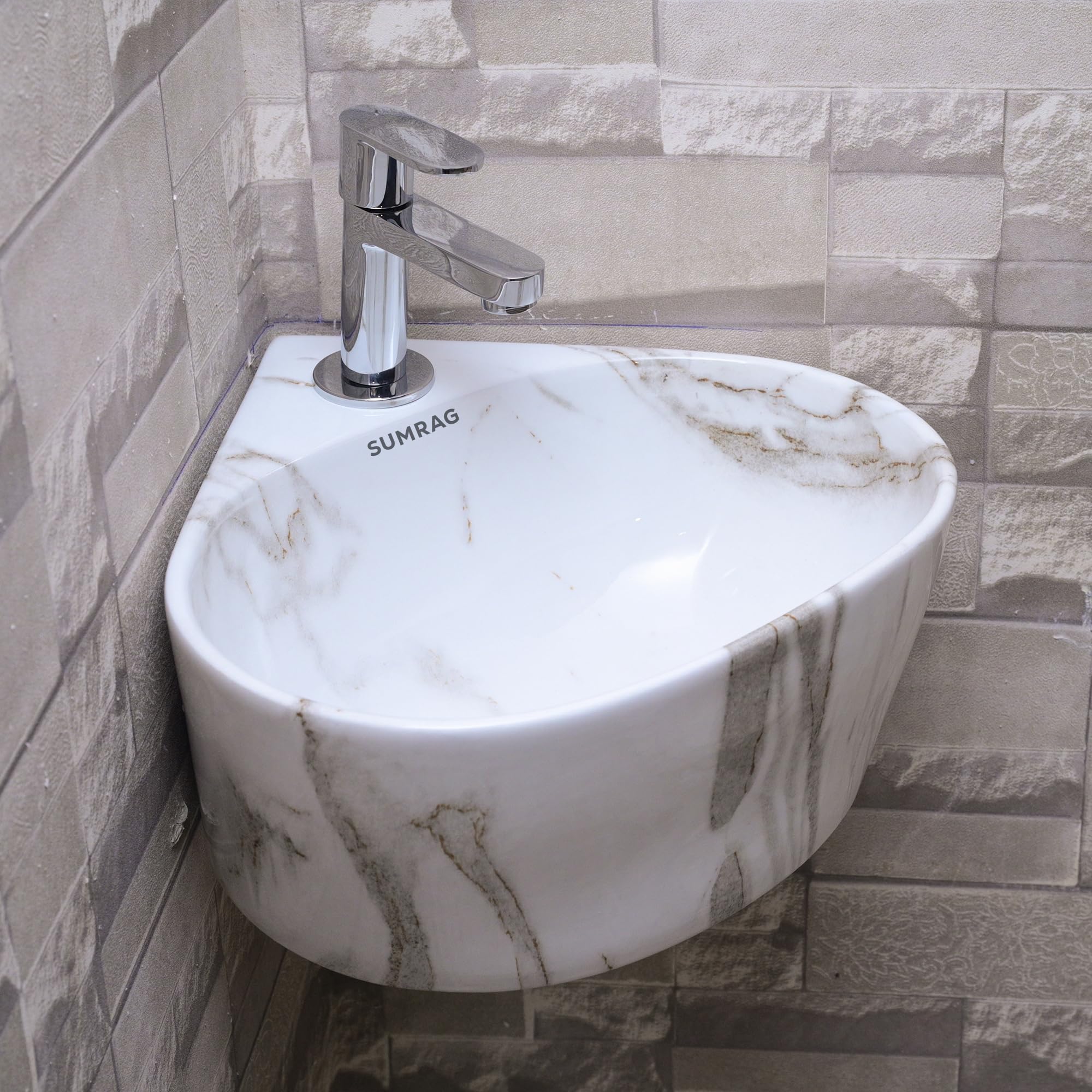 Ceramic Small Wall-Mounted Corner Basin for Bathroom & Living Room (14.17 X 13.38 X 6.10 In),Glossy , Off White