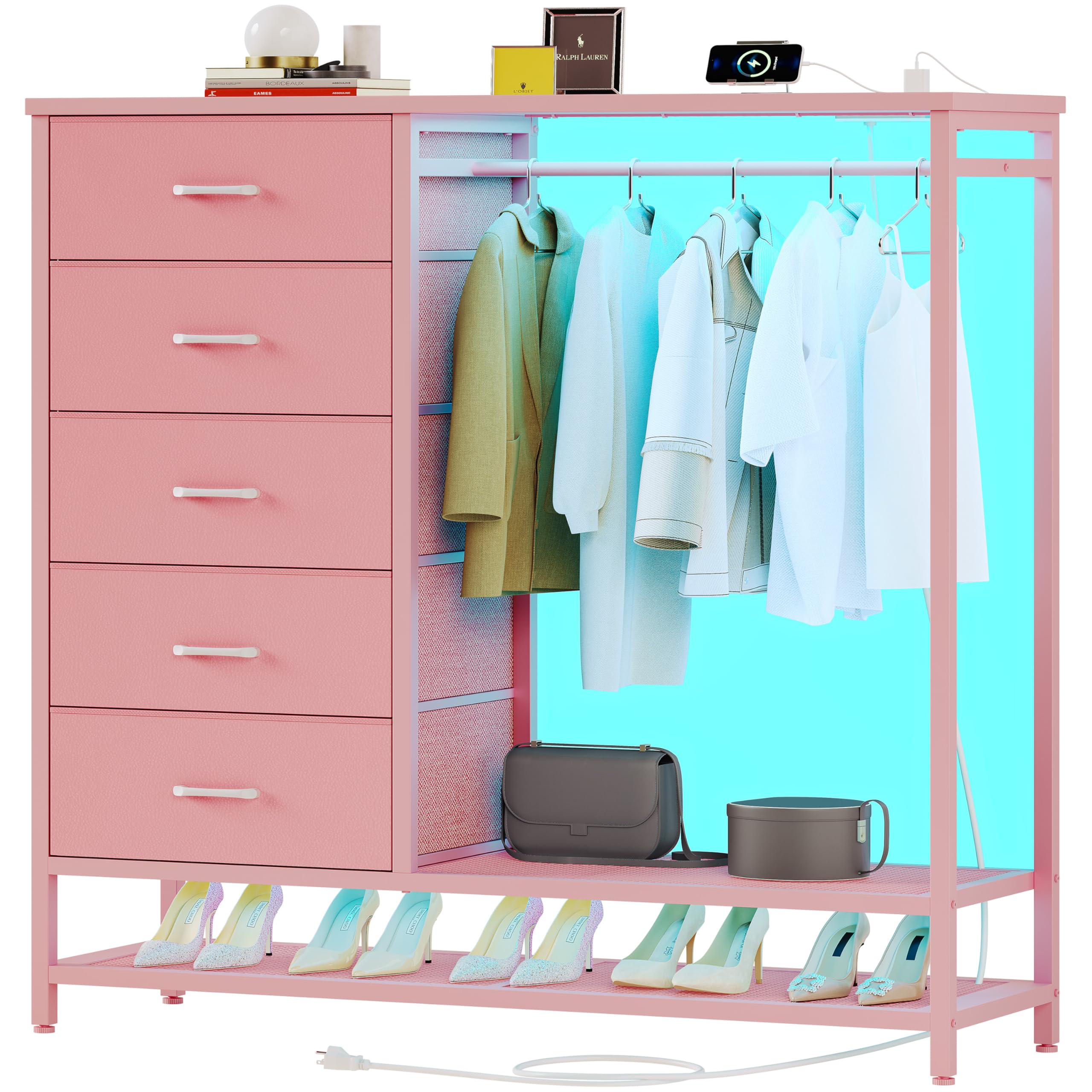 Dresser for Bedroom, Dresser with Hanging Rack Led Lights and Charging Station, Tall Dresser with 5 Fabric Chest of Drawers with PU Finish Storage Organizer, for Living Room Kids Room Closet, Pink