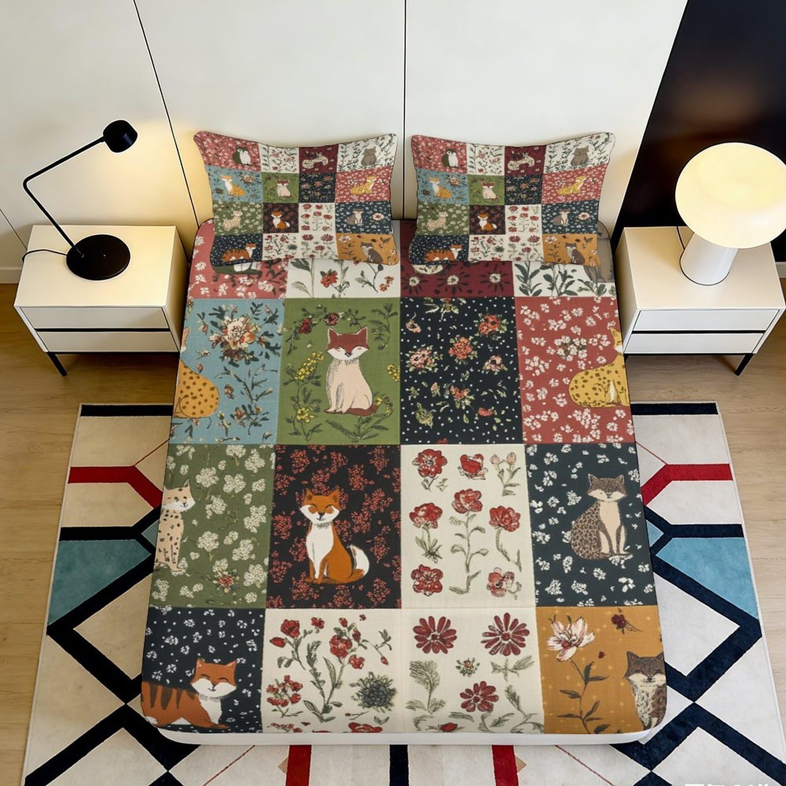 Pnayamiorkfel Style-9 3D Printed Patchwork Fox Fitted Sheet Microfiber Floral Animal Mattress Cover For Bedroom Guest Room Decor 90X200x25cm