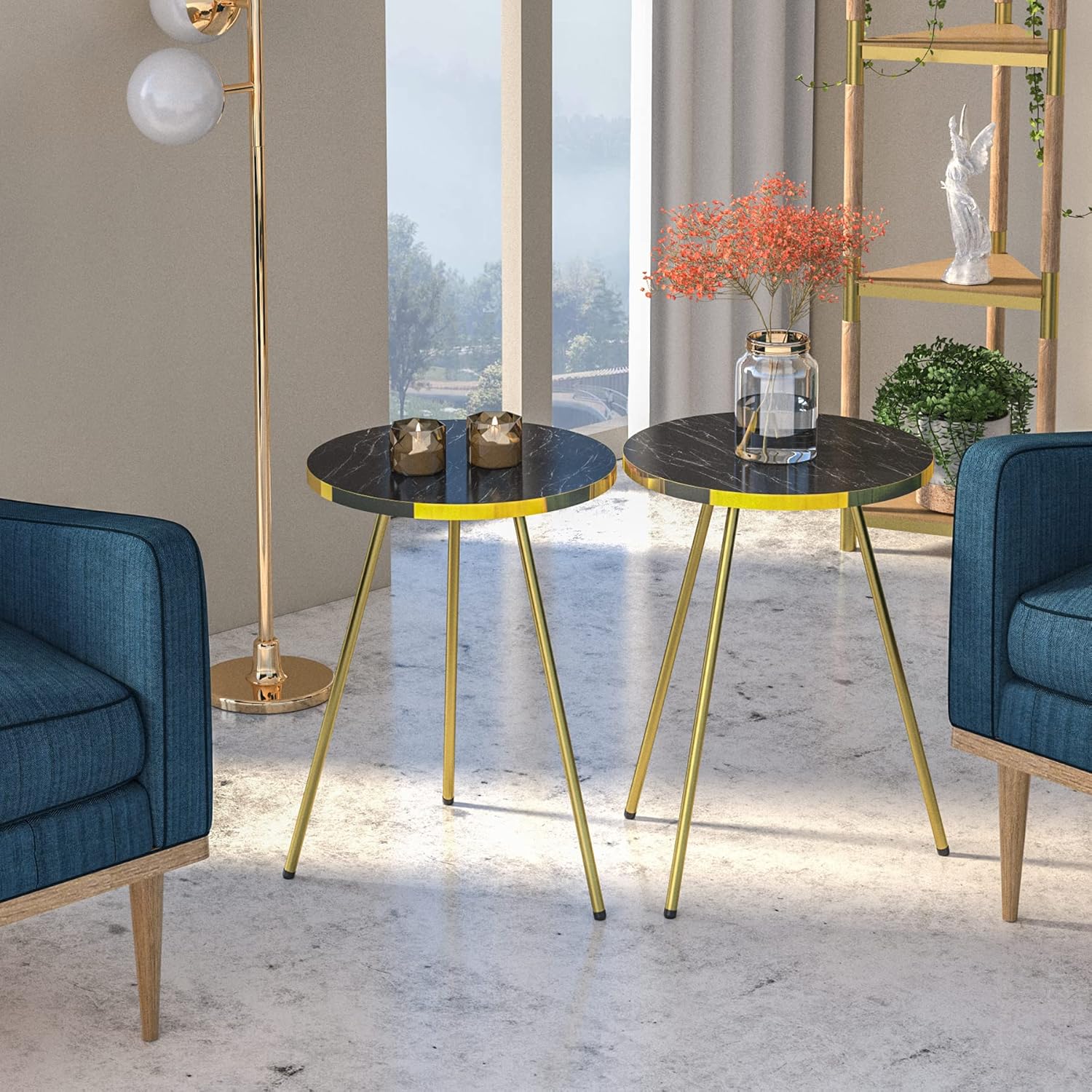 Set of 2 END Tables Marble Look Wood Round Sofa Nesting Side Table for Small Spaces, Nightstand Bedside Table NO-Tools Assembly (Black Marble/Gray)