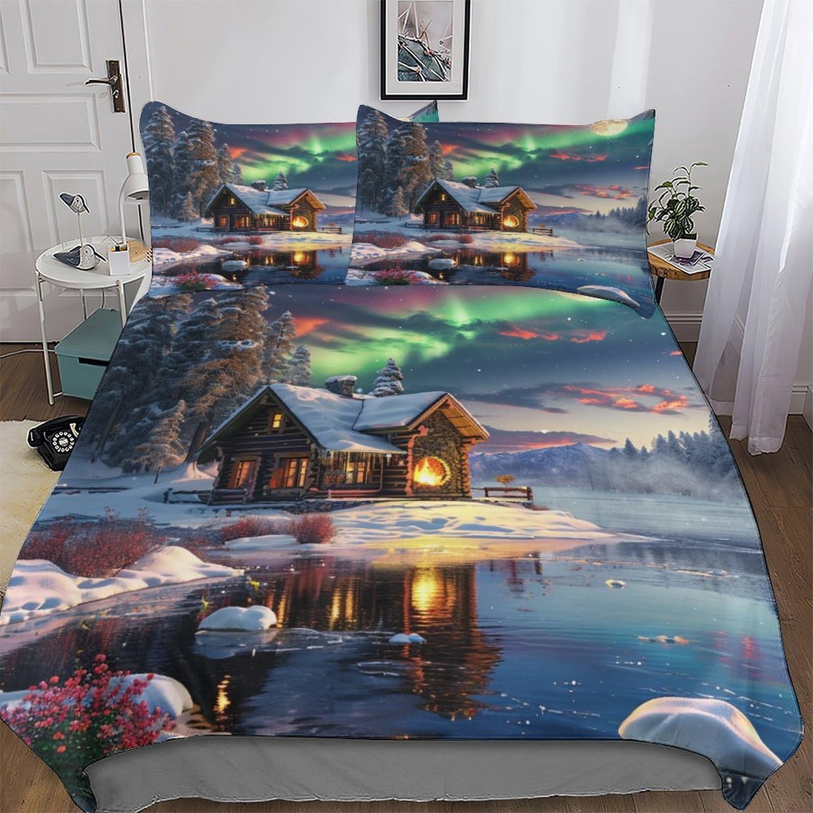 Housse de couette neige 200x200 parure de lit microfibre avec taies d'oreiller