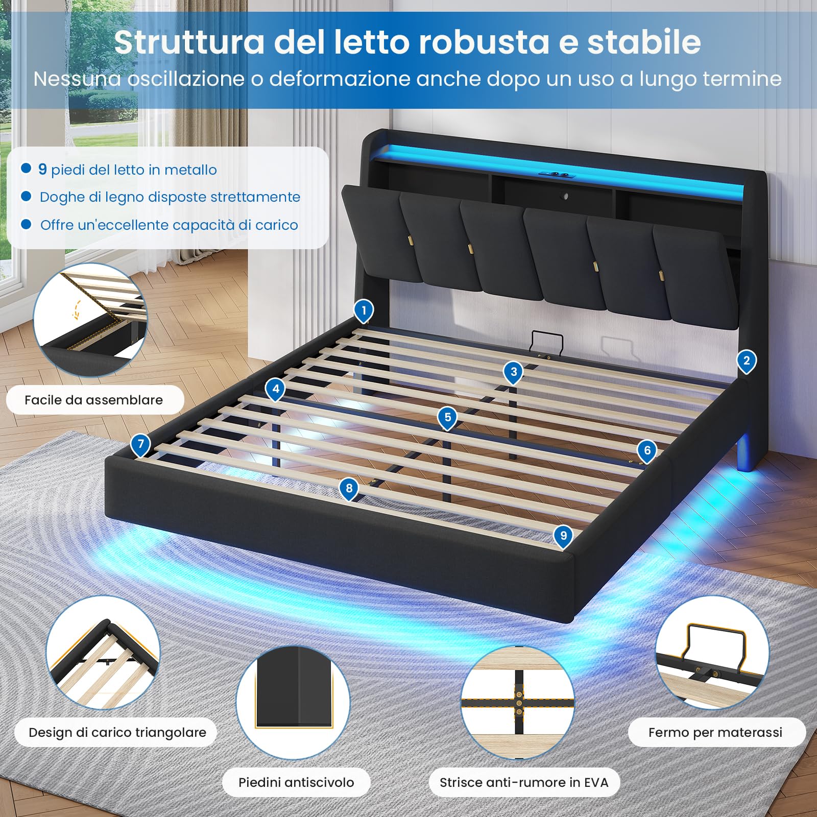 Letto matrimoniale 160x200cm Flottante Testiera Imbottita, LED, USB, Grigio
