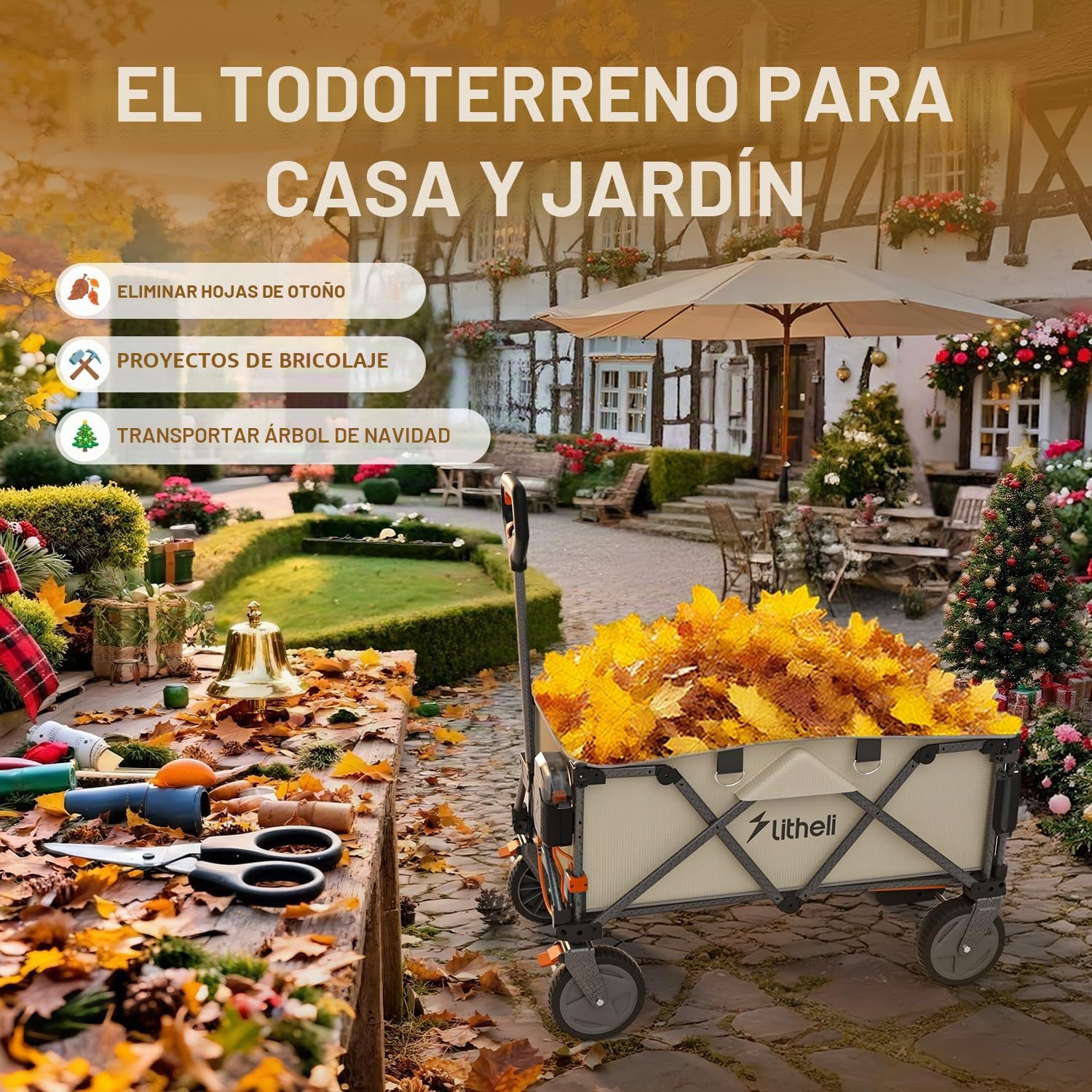 Litheli Carretilla eléctrica Plegable, con neumáticos de 20 cm, Capacidad de 200 l, Capacidad de Carga de 60 kg, 2 Frenos, Adecuado para Camping, jardín, Color Gris (2 Pilas)