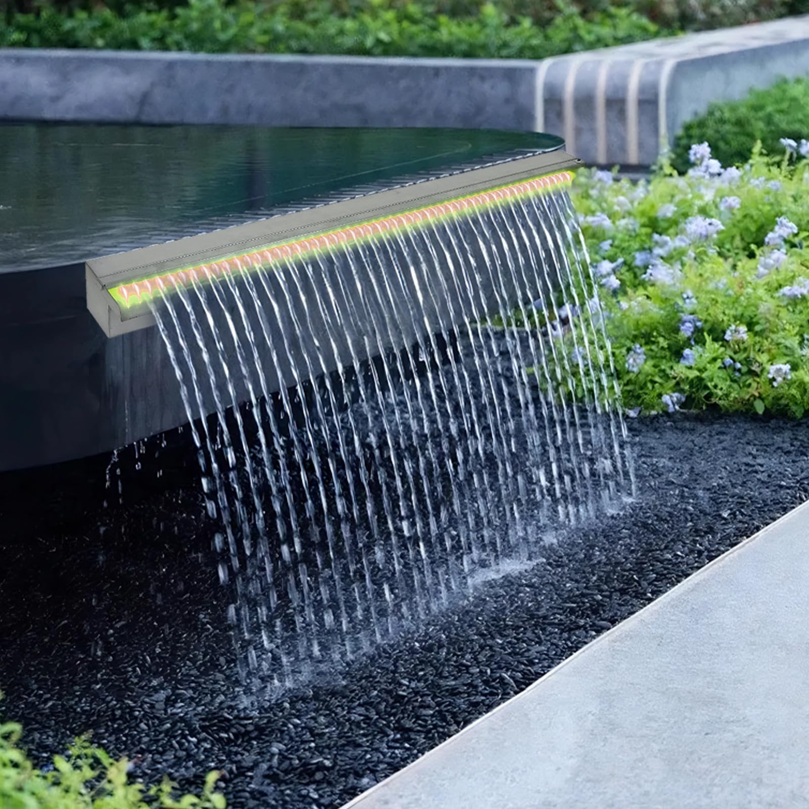 Garvee Cascada de Agua de Acero Inoxidable 304 para Piscina y Jardín Fuente Rectangular Decorativa con Luces LED RGB y Mando a Distancia para Estanque Exterior y Paisajismo Patio 90 cm Plata