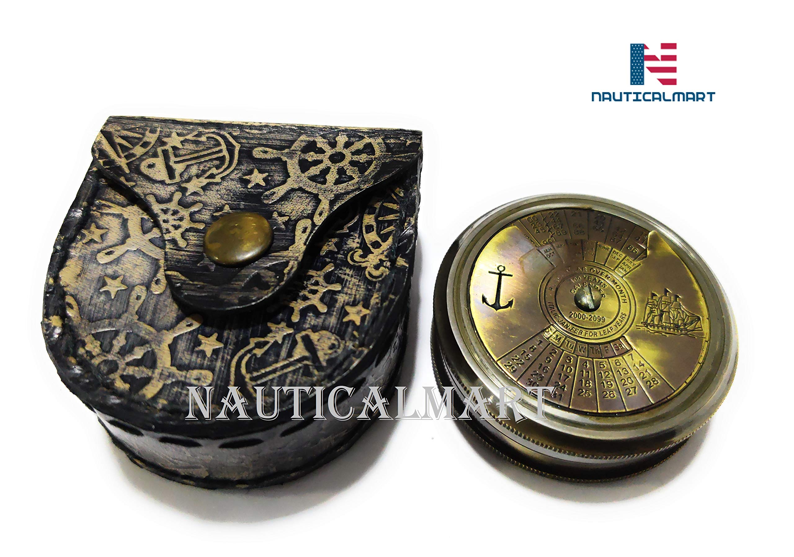 M.A & SONS 100 Years Calendar Brass Compass with Robert Frost Poem with Wooden Box