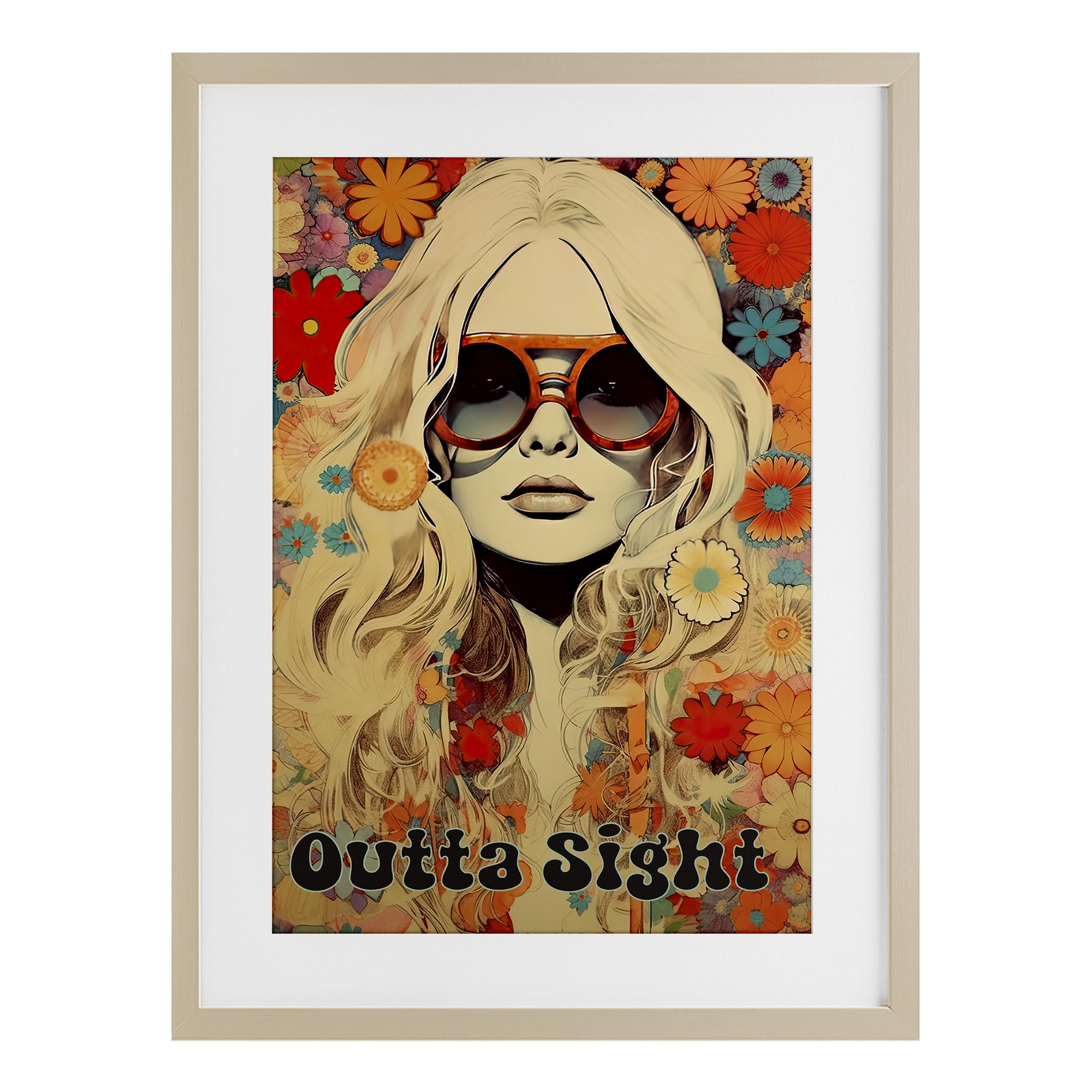 Affiche encadrée fille hippie cadre bouleau sous verre Stupell 58x43