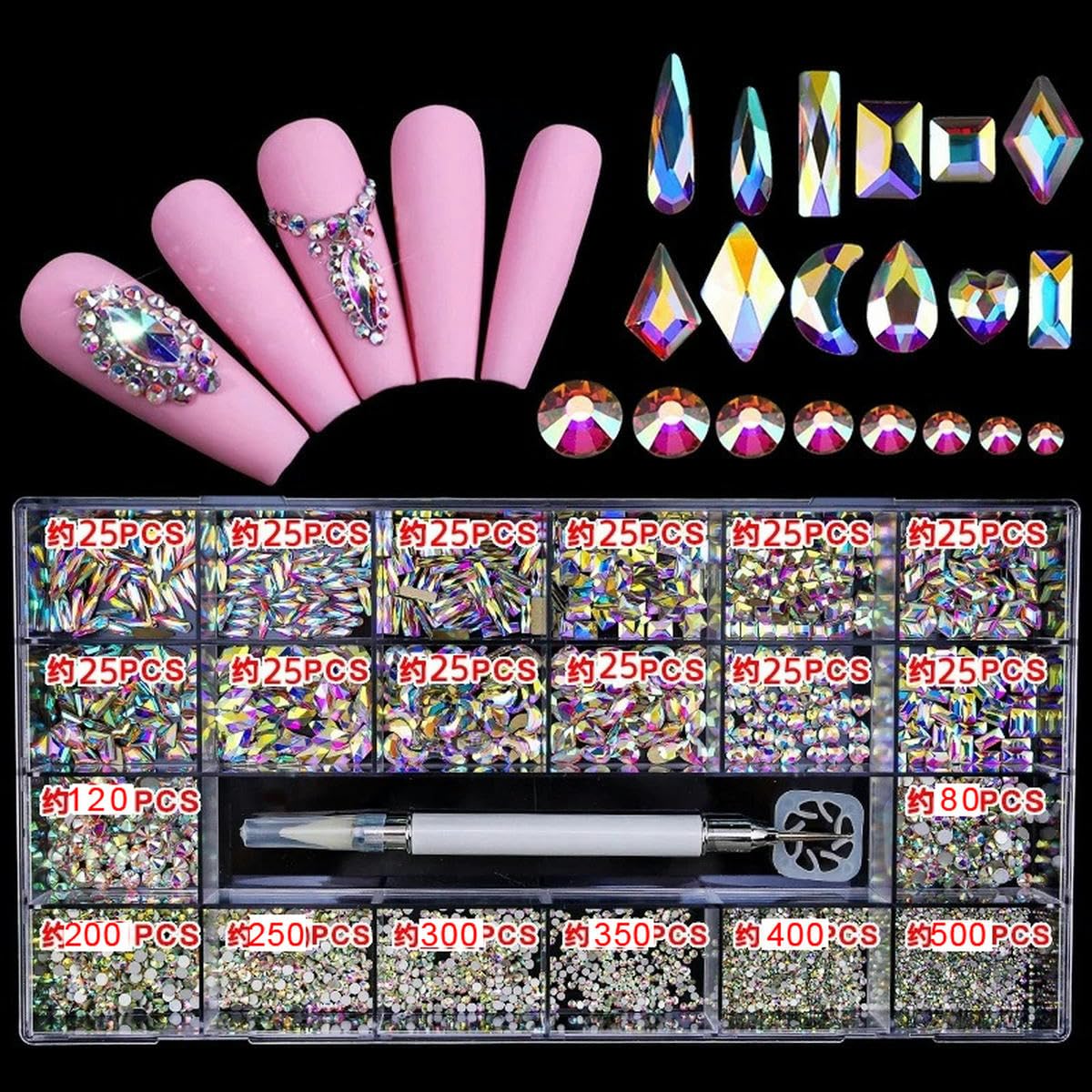 2500 piezas de diamantes brillantes de lujo para decoración de uñas, juego de decoraciones de cristal con diamantes de imitación, vidrio AB, 1 pieza de bolígrafo en caja de rejillas, 21 formas, transp