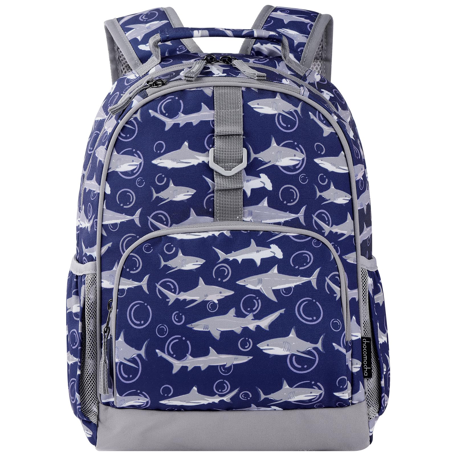 Choco Mocha Shark Backpack for Boys, Elementary School Backpack for Boys Ages 6-8 Kids Kindergarten Backpack Bookbag 17 Inch with Chest Strap, Blue