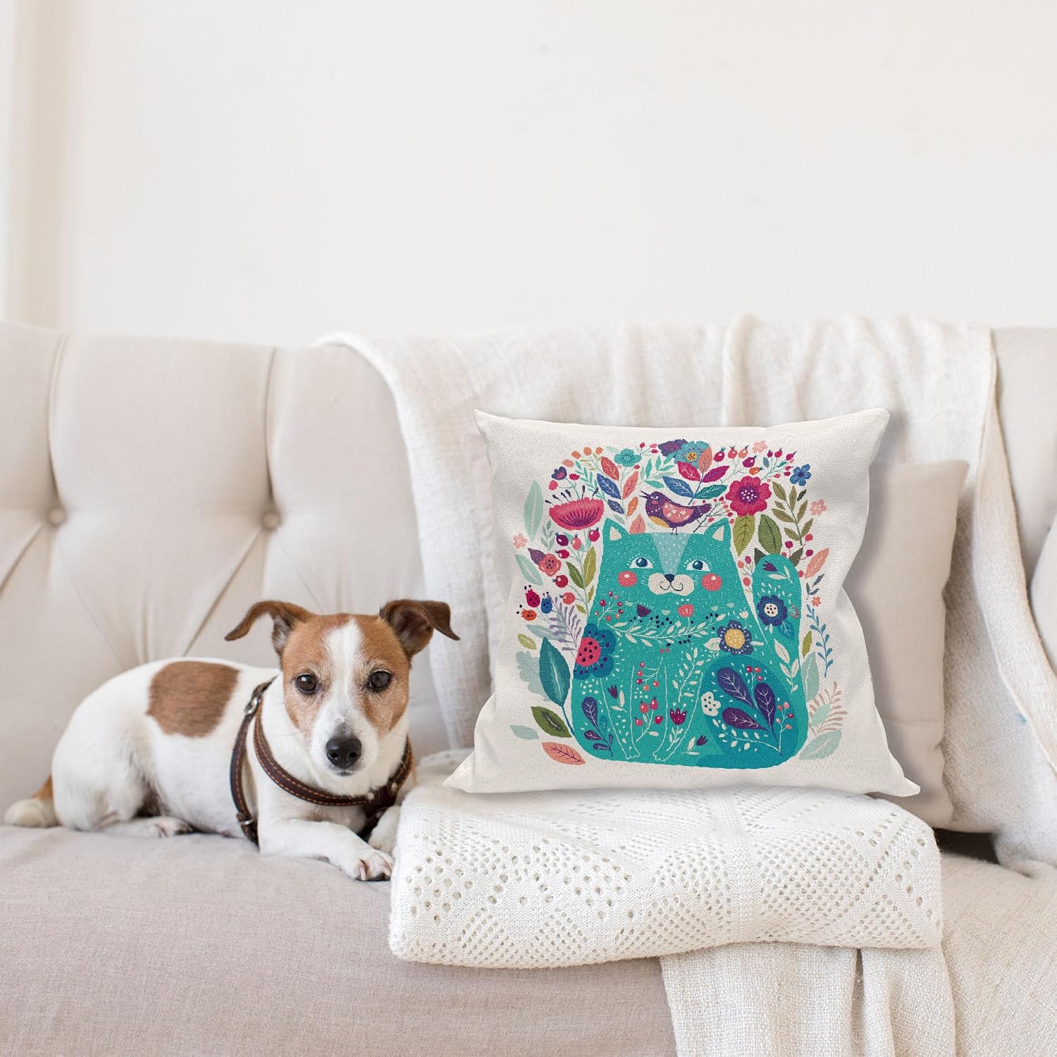 Ambesonne Cat Throw Pillow Cushion Cover, Kitty Surrounded by Birds Flowers Ladybugs Inspirational Folk Theme, Decorative Square Accent Pillow Case, 18" X 18", Multicolor Seafoam image 4