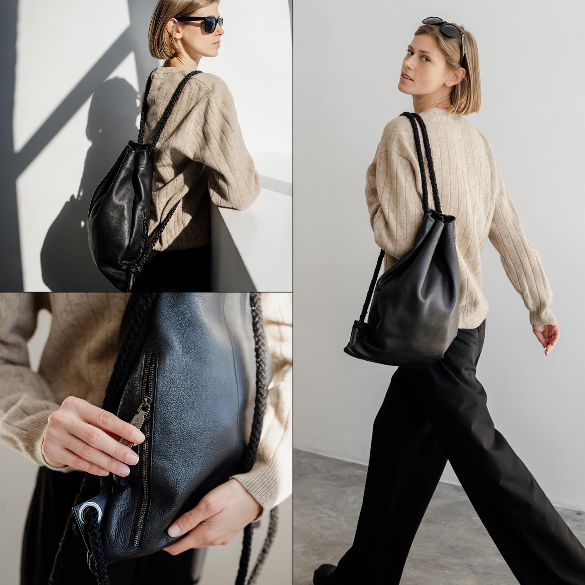 Berliner Bags Sacca Sportiva in Vera Pelle, Turnbeutel con Coulisse, Zaino Palestra e Tempo Libero per Donna e Uomo – Nero