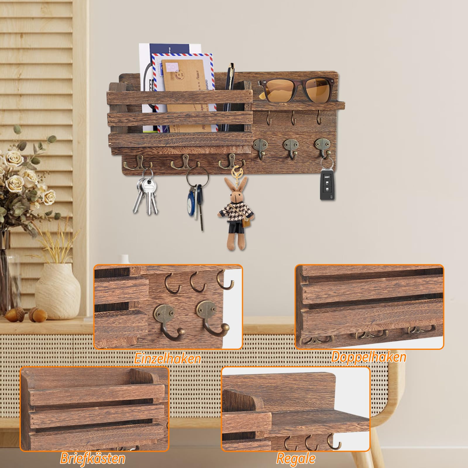 Sleutelrek Met Plank, Sleutelplank, Voor Aan De Muur, Houten Plankje Organizer Met 3 Sleutelhaken Zwart