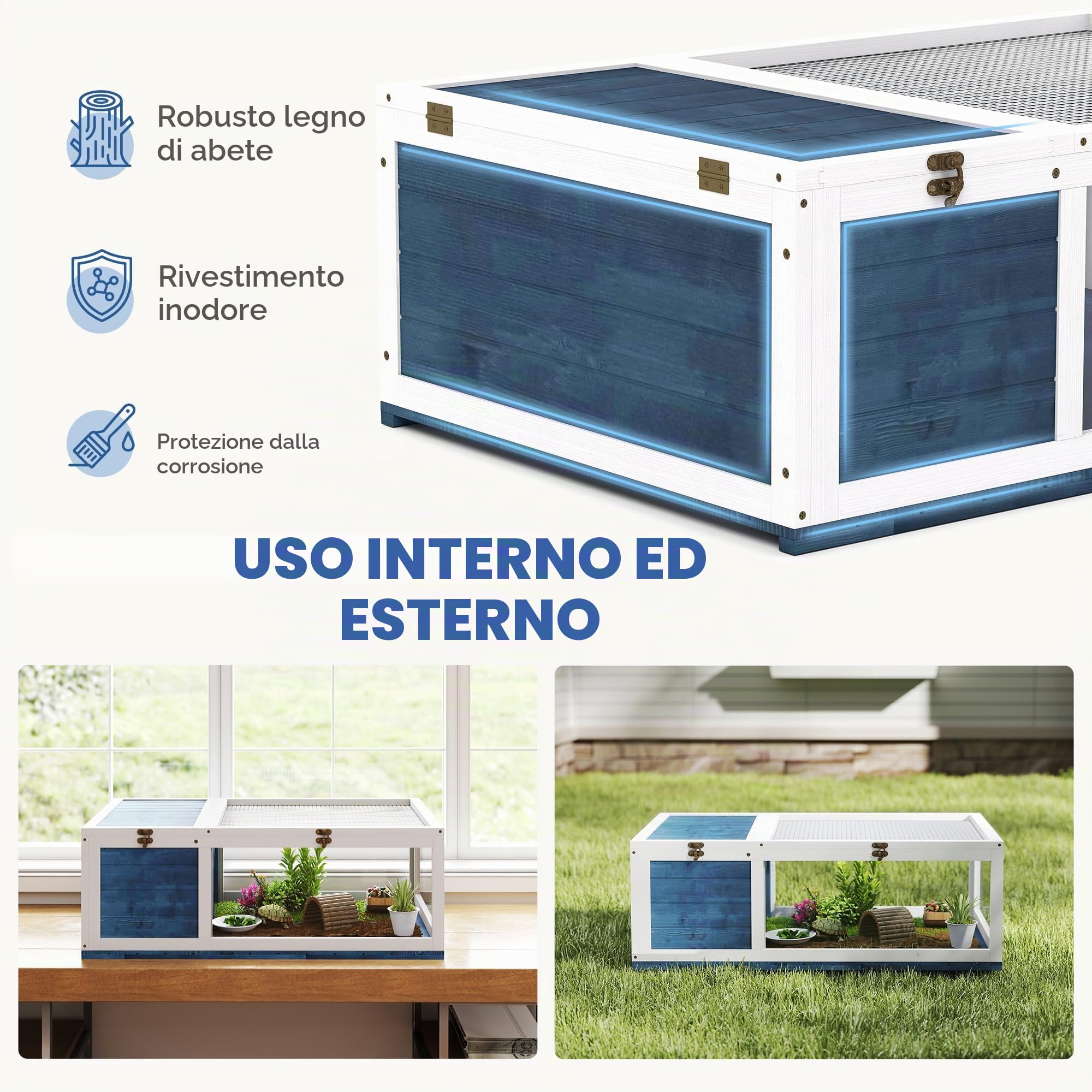PawHut Casa tartarughe tetto rete legno rettili blu | Recinto per tartarughe in legno di abete, pannello laterale rimovibile, per tartarughe lucertole gechi serpenti