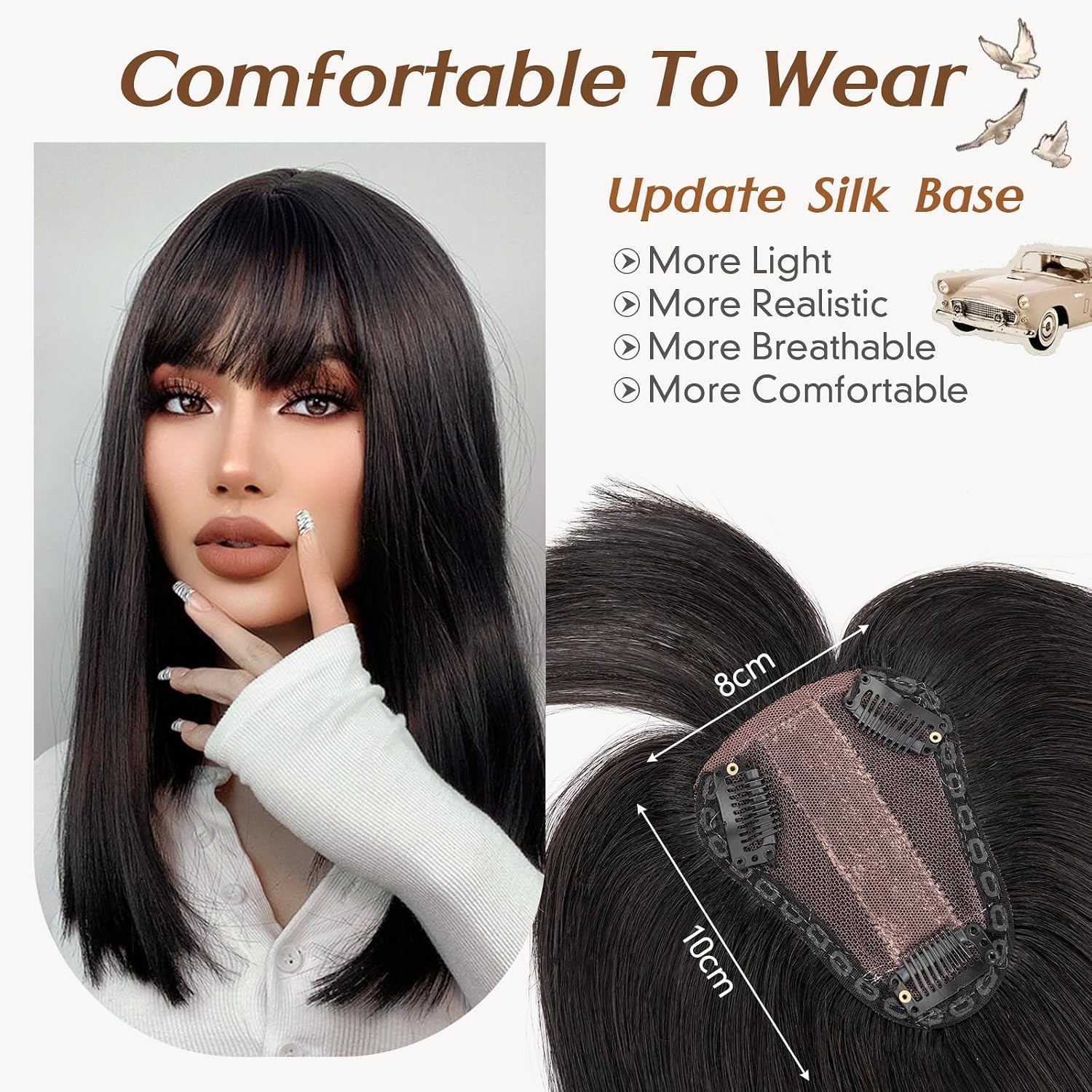 Rich Choices Real Human Hair Toppers for Women 3D Cover Clip in Bangs 100% Remy Human Clip in Silk Base Hair Topper with Bang for Thinning 150% Density 10 Inch #1BR Black
