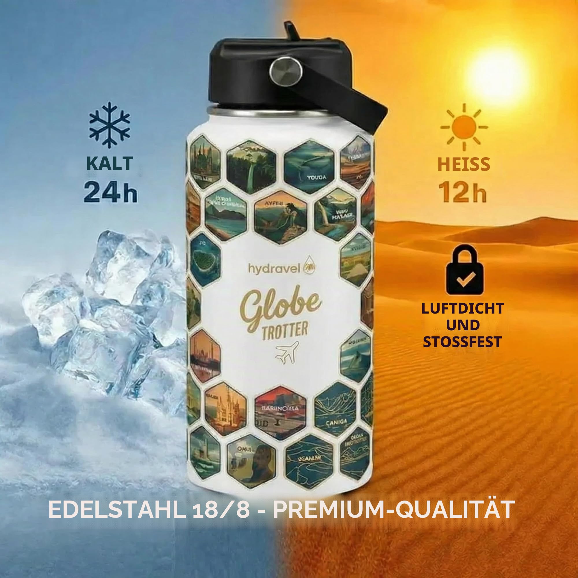 Thermosflasche Globe TROTTER mit 50 Aufklebern der schönsten Orte der Welt - Tolle Geschenkidee für Reisende - 1 l, Edelstahl, heiße Getränke für 12h / kalt 24h (weiß)