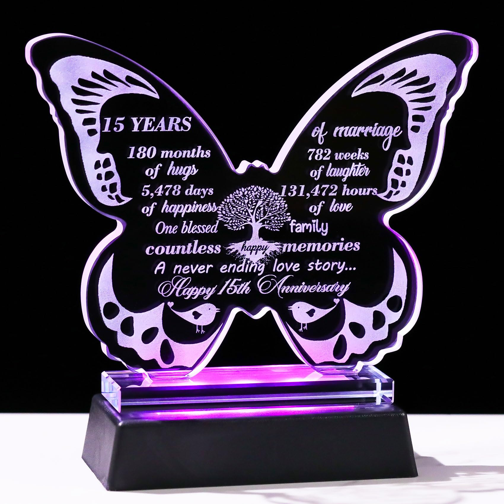 Ornalrist Happy 15th Wedding Anniversary Romantic Gifts for Couples Wife 13.6cm Glass Butterfly-shaped 15 Years of Marriage Keepsake with LED Base Ideas Presents for Friends Daughter