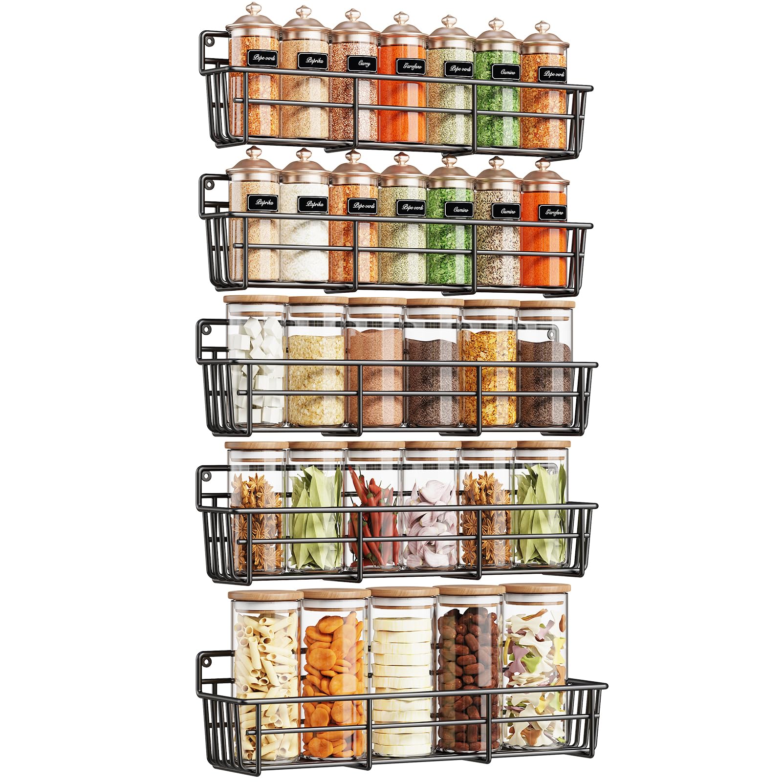 5 Pack Spice Rack Seasoning Organizer Wall Mount, Screw or Adhesive Hanging Shelf Basket Spice Organizer Shelf for Kitchen, Black