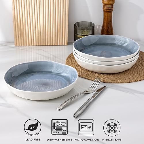 Miniatura 4 de LERATIO 9.75 cuencos de cerámica para pasta, con borde ondulado, 38 onzas, juego de 4 cuencos grandes y anchos para cocina, cuencos modernos de gres
