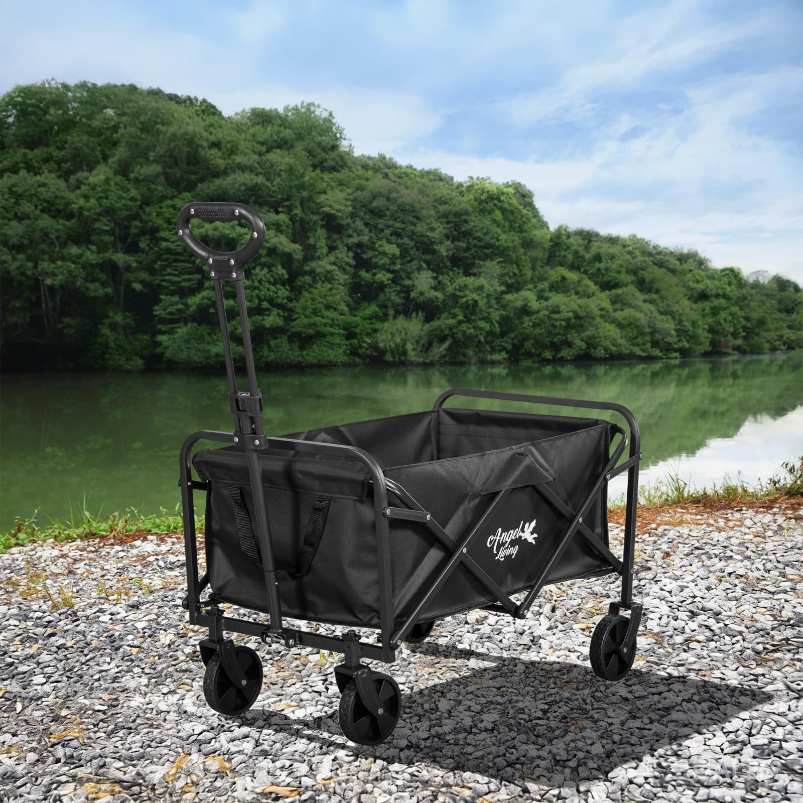 Angel Living Chariot de Transport Pliable, 200L Grande Capacité, 100kg Charge Statique, Chariot de Camping Tout Terrain avec Poignée Réglable, pour Jardin, Plage, Festival, Courses, Pique-Nique, Noir
