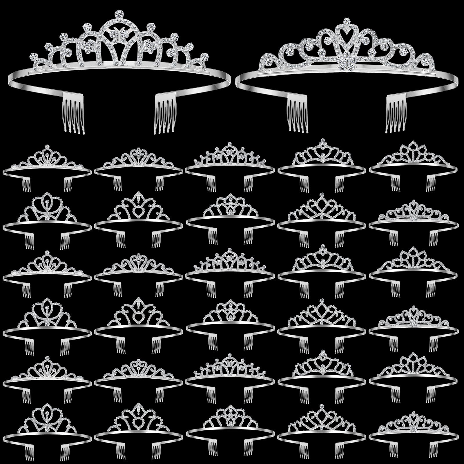Lyrow 30 Pcs Tiara Crowns for Women Bulk Elegant Princess Rhinestone Crown with Combs Crystal Queen Tiaras with Comb Headband Silver Princess Tiaras for Birthday Wedding (Delicate Style)