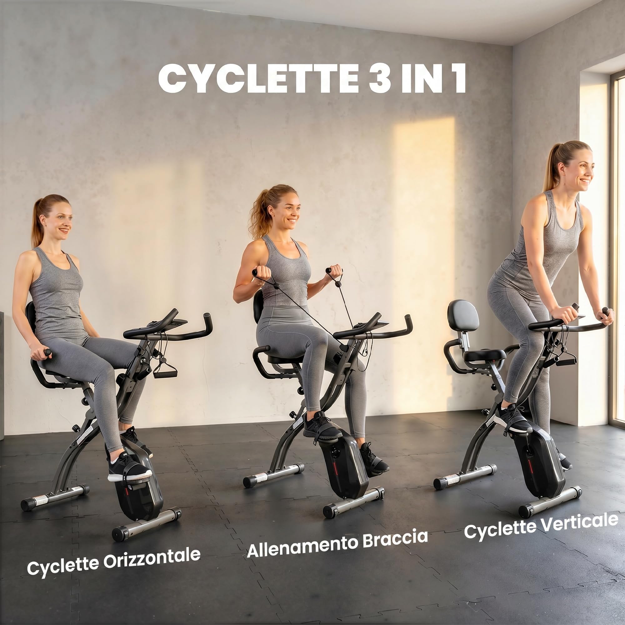 SPORTNOW Cyclette da Casa Pieghevole 3 in 1 con App Bluetooth, Cyclette da Camera con Banda Elastica, 8 Livelli Resistenza Magnetica, Sedile Regolabile, Display LCD, Sensore Cardiaco, Portatelefono