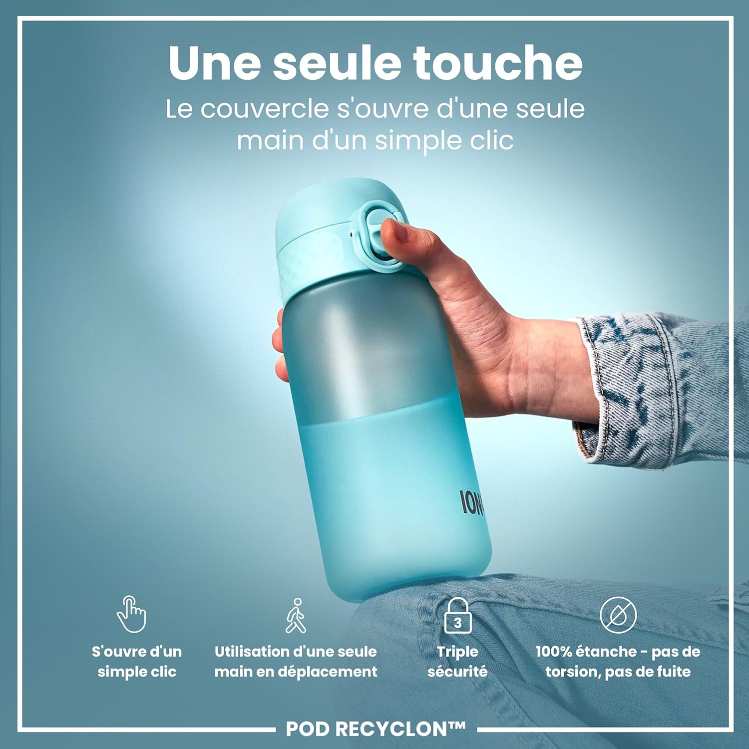 Ion8 Gourde Enfant 350ml Anti-Fuite – Recyclon Carbone Neutre, Sans BPA, One-Touch, Lavable Lave-Vaisselle – Bleu Sonique - Description
