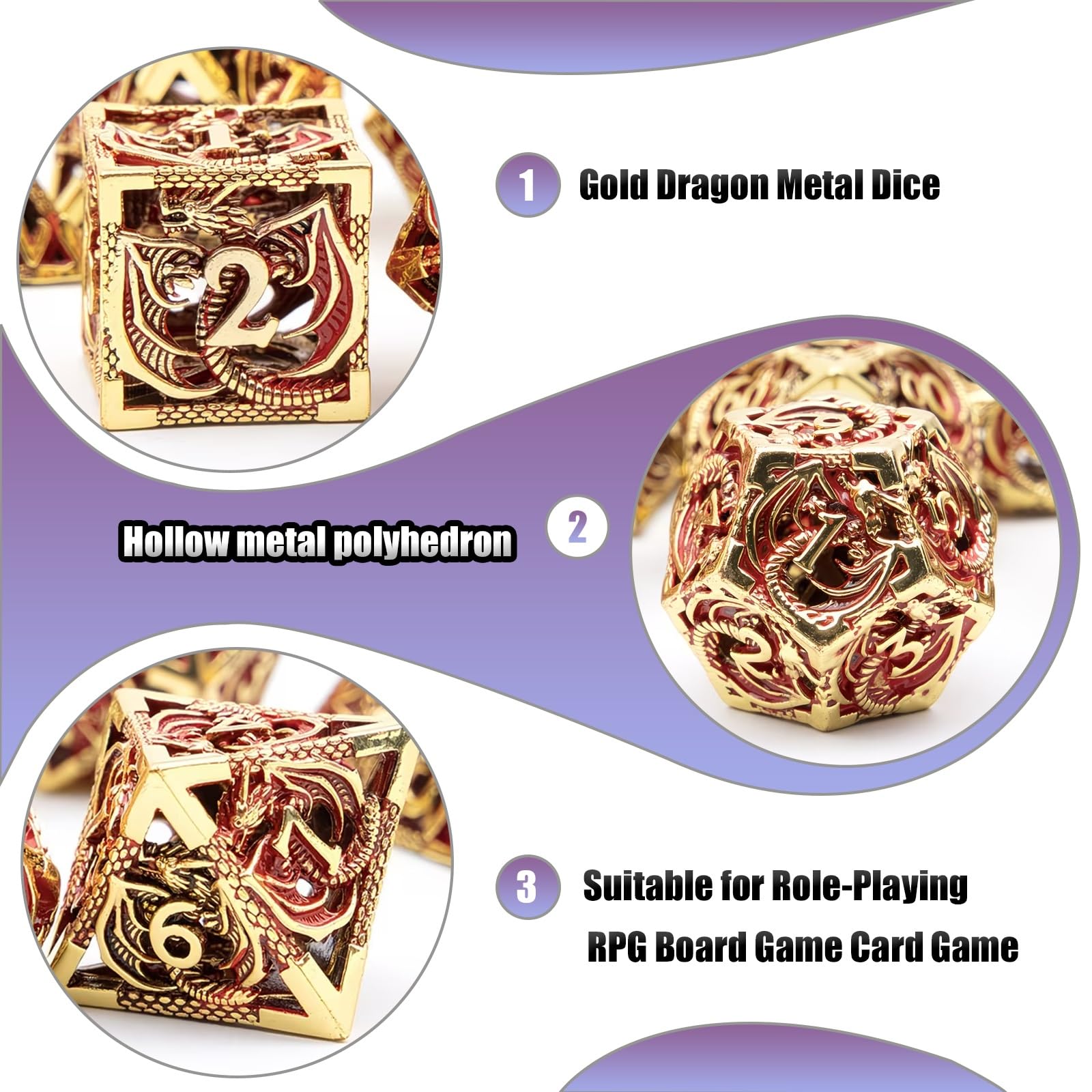 Ensemble de 7 Dés en Métal Dragon, Dés Polyédriques Creux, Compatibles avec Les Jeux de Rôle Les Jeux de Plateau et Les Jeux de Cartes(Gold)