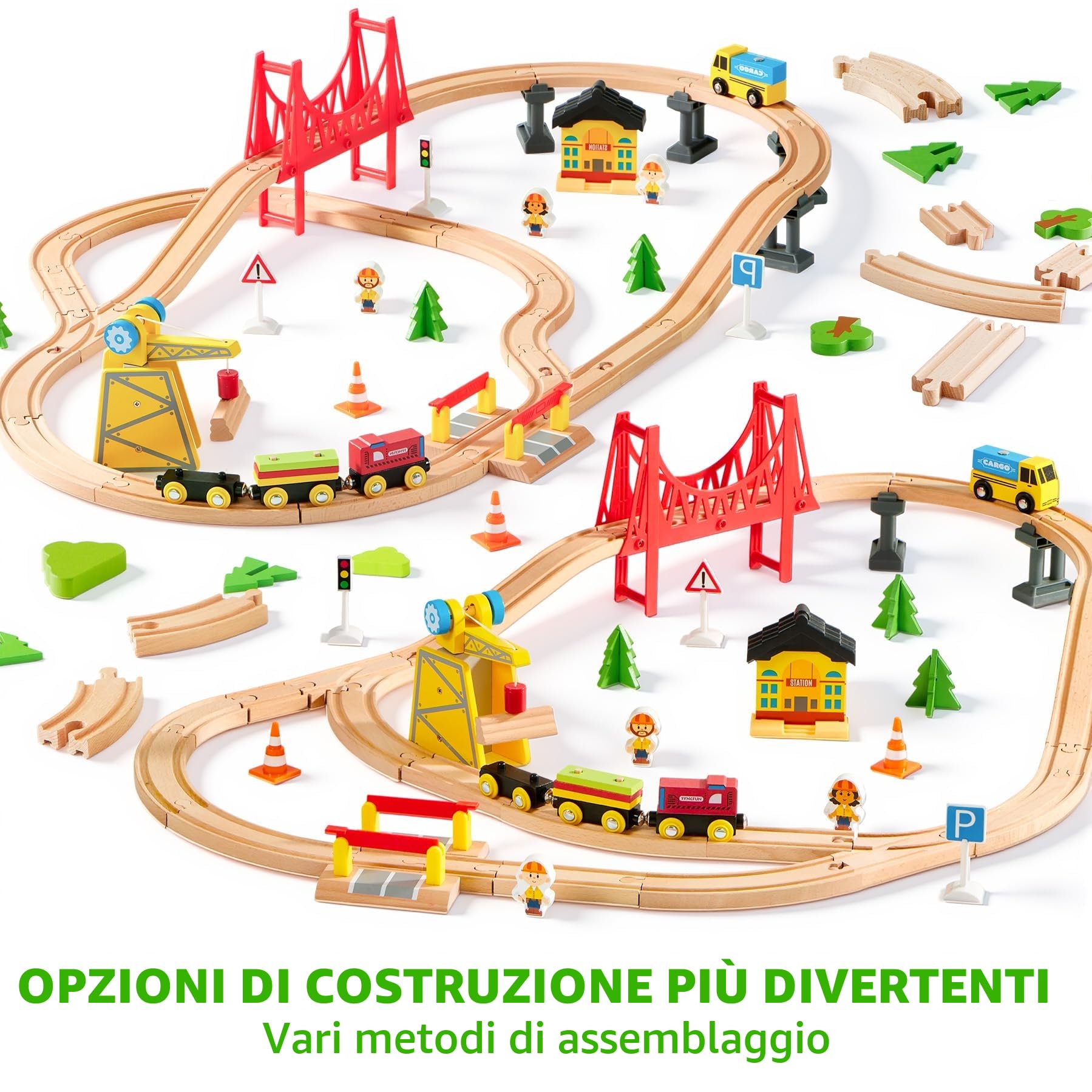 SYNCFUN 60 pezzi Montessori Set di Treni in Legno Giocattolo per Bambini 3 4 5 6, Pista Macchinine, Ferrovia Ingegneristica con Gru Magnetica, Treni e Accessori, Regalo per Bambini e Bambine
